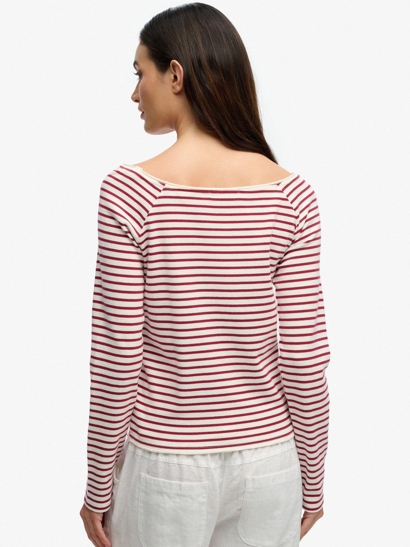 Image 2 of 6 of Superdry Bardot Off Shoulder Top - Bordeaux Red Stripe