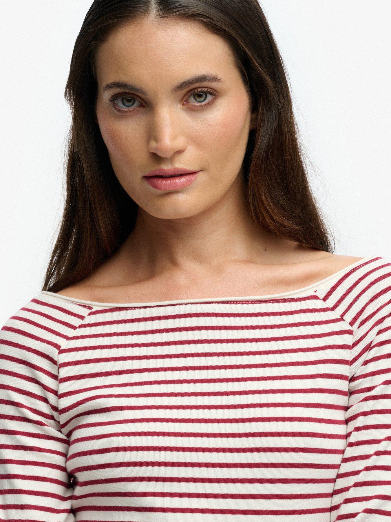 Image 4 of 6 of Superdry Bardot Off Shoulder Top - Bordeaux Red Stripe