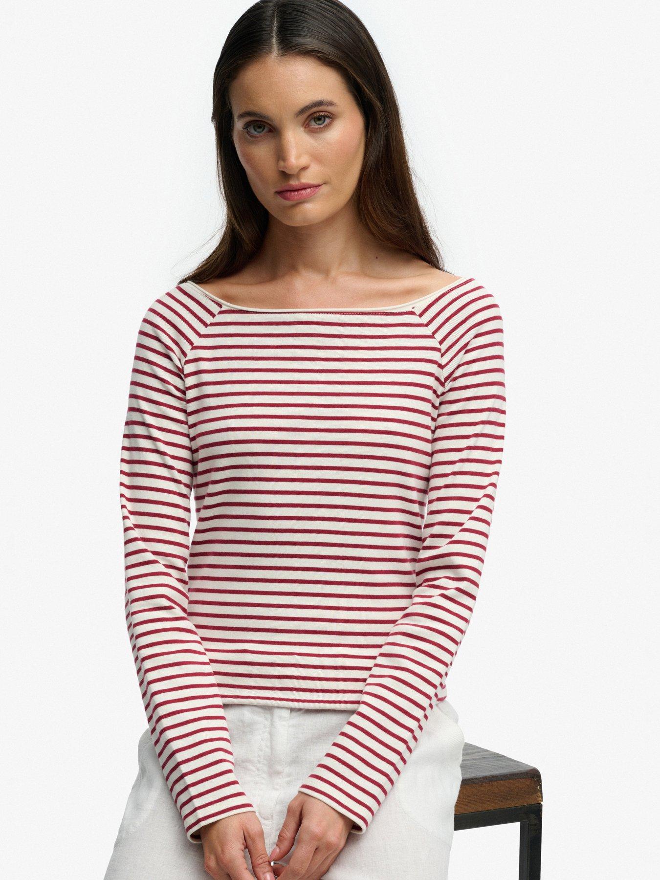 Image 5 of 6 of Superdry Bardot Off Shoulder Top - Bordeaux Red Stripe