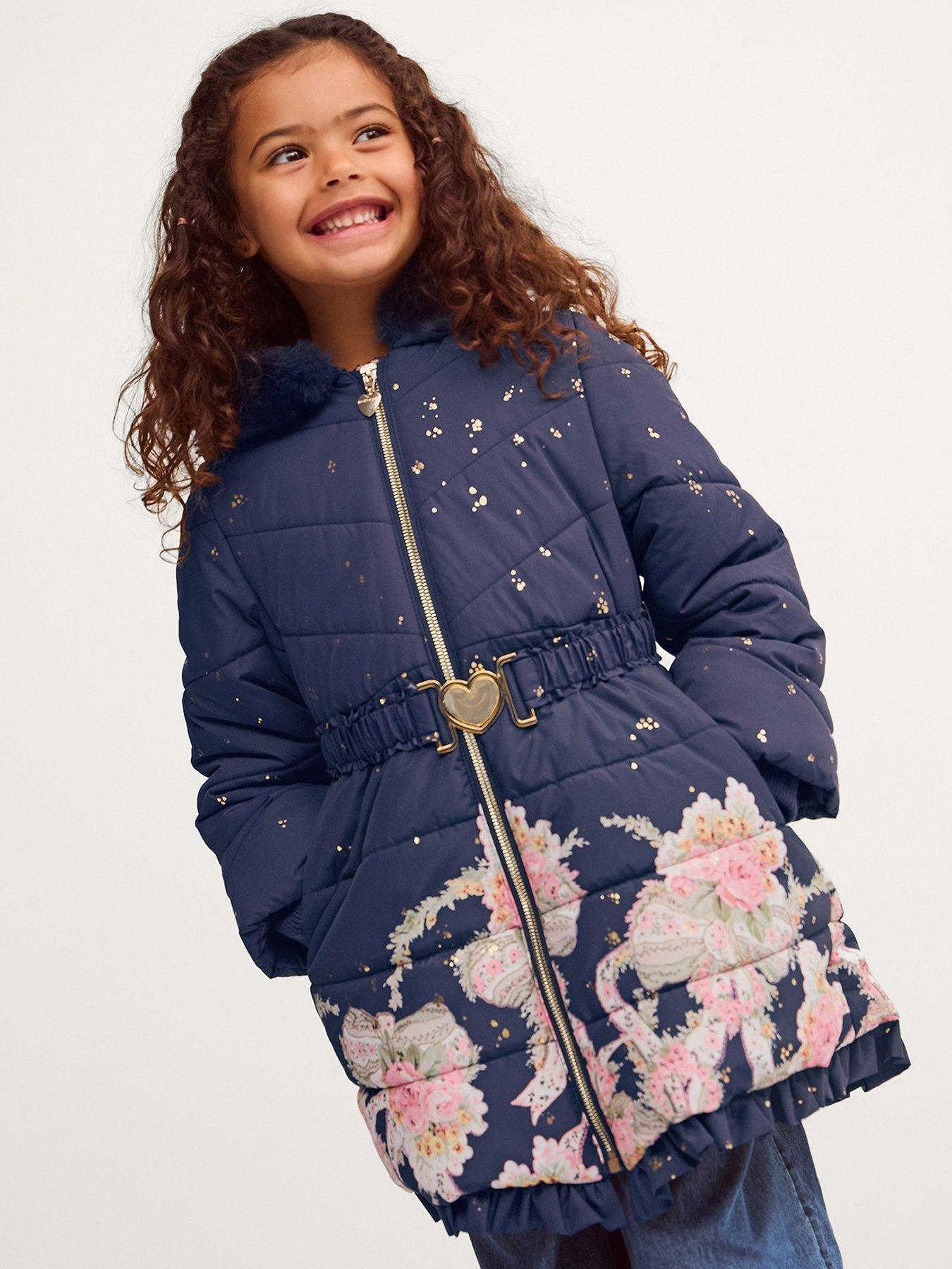 Monsoon Girls Padded Aurora Bow Floral Coat - Navy
