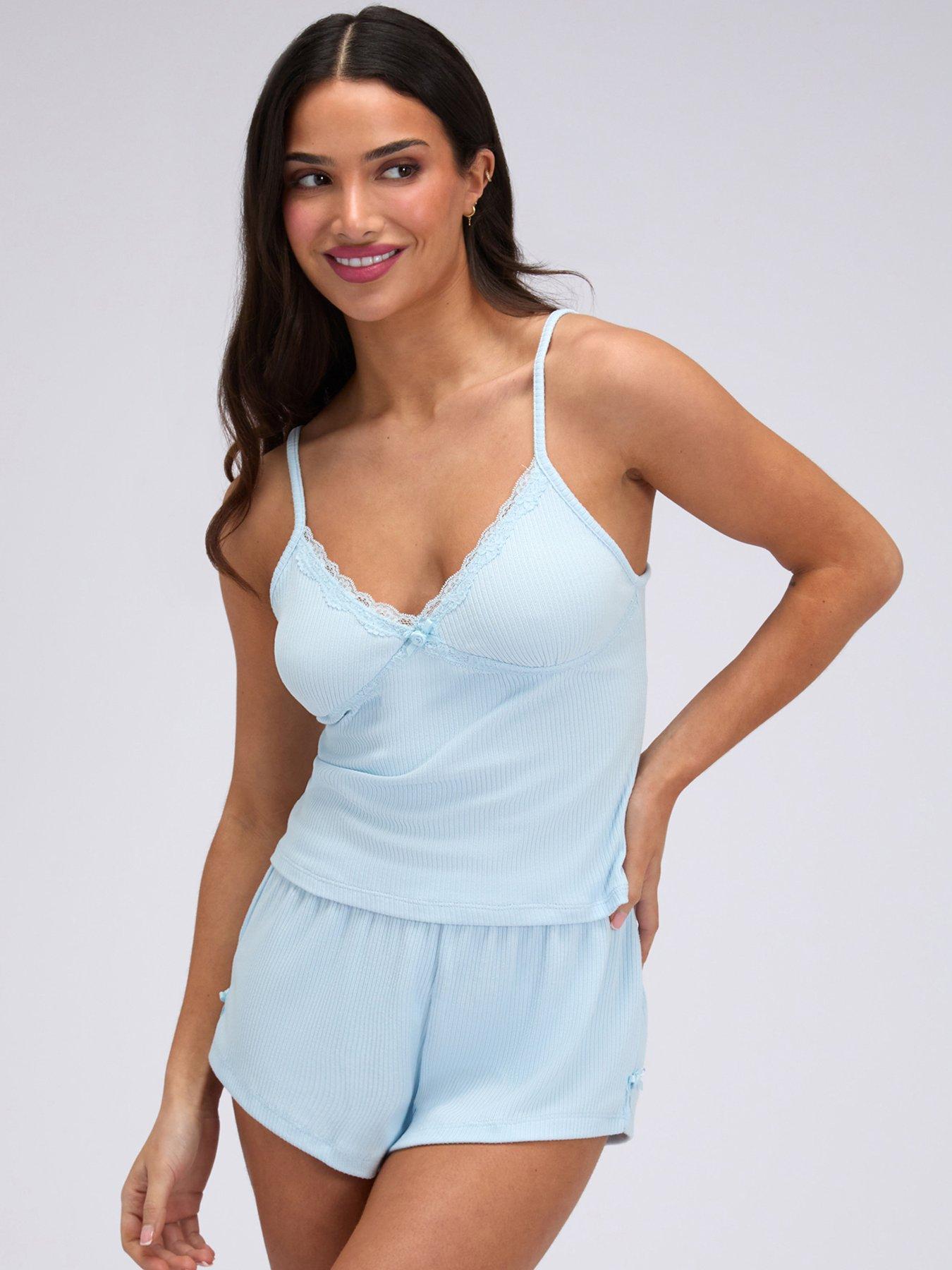 Image 6 of 6 of Boux Avenue Rib Lace Trim Cami Set - Light Blue