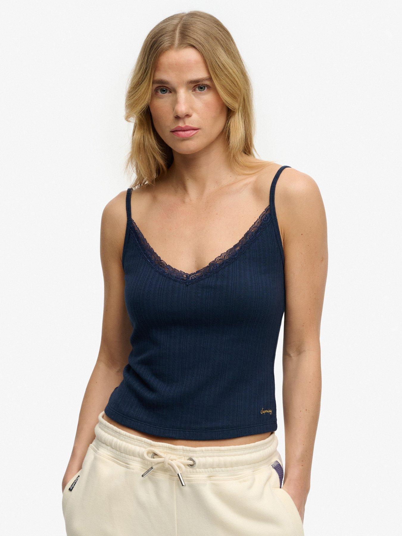 Superdry Athletic Essentials V Neck Pointelle Cami Top - Navy