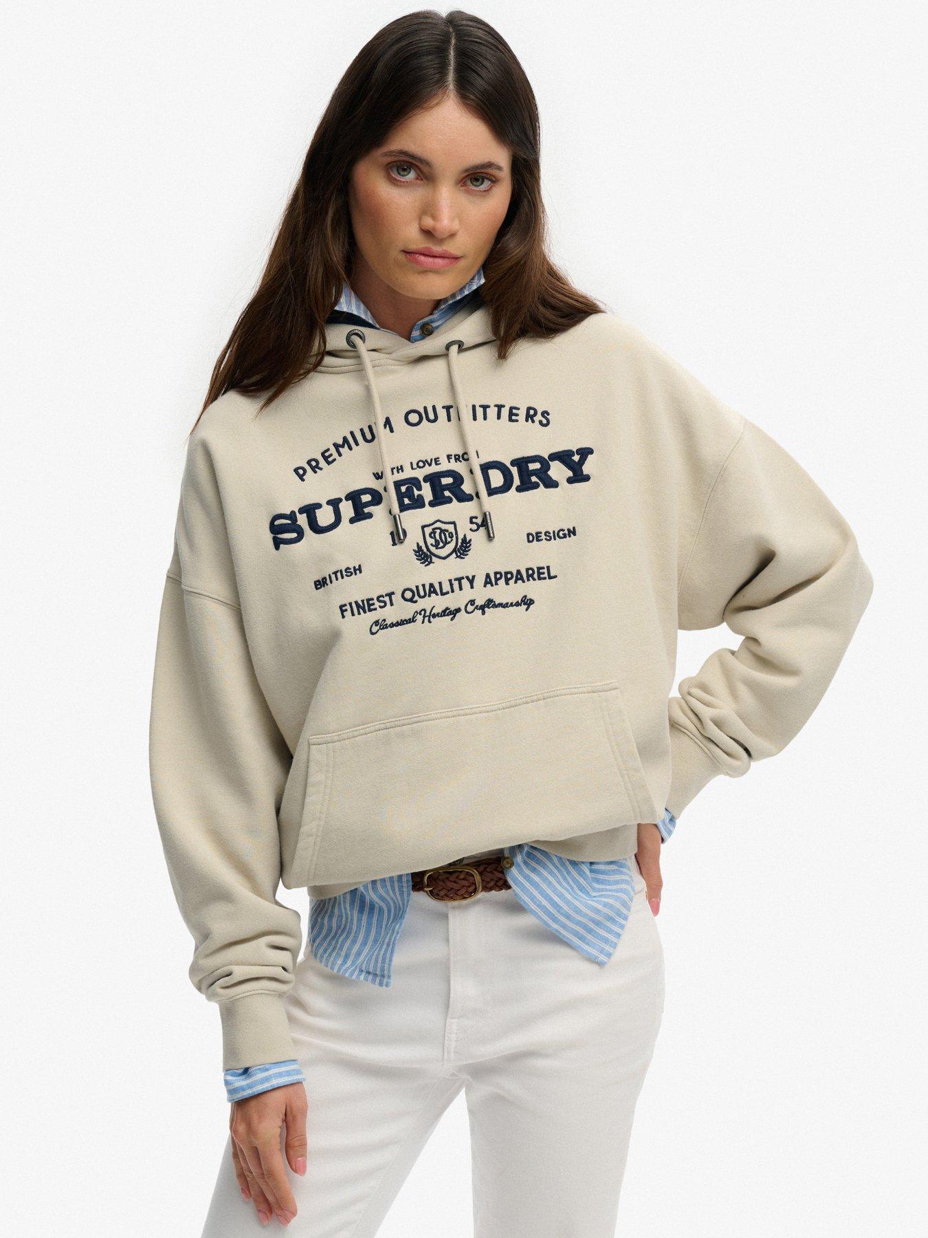 Image 1 of 6 of Superdry Luxe Casual Embroidered Relaxed Hoodie - Cream