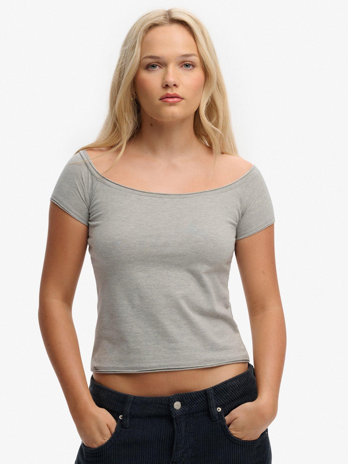 Superdry Bardot Short Sleeve Off Shoulder Top - Grey