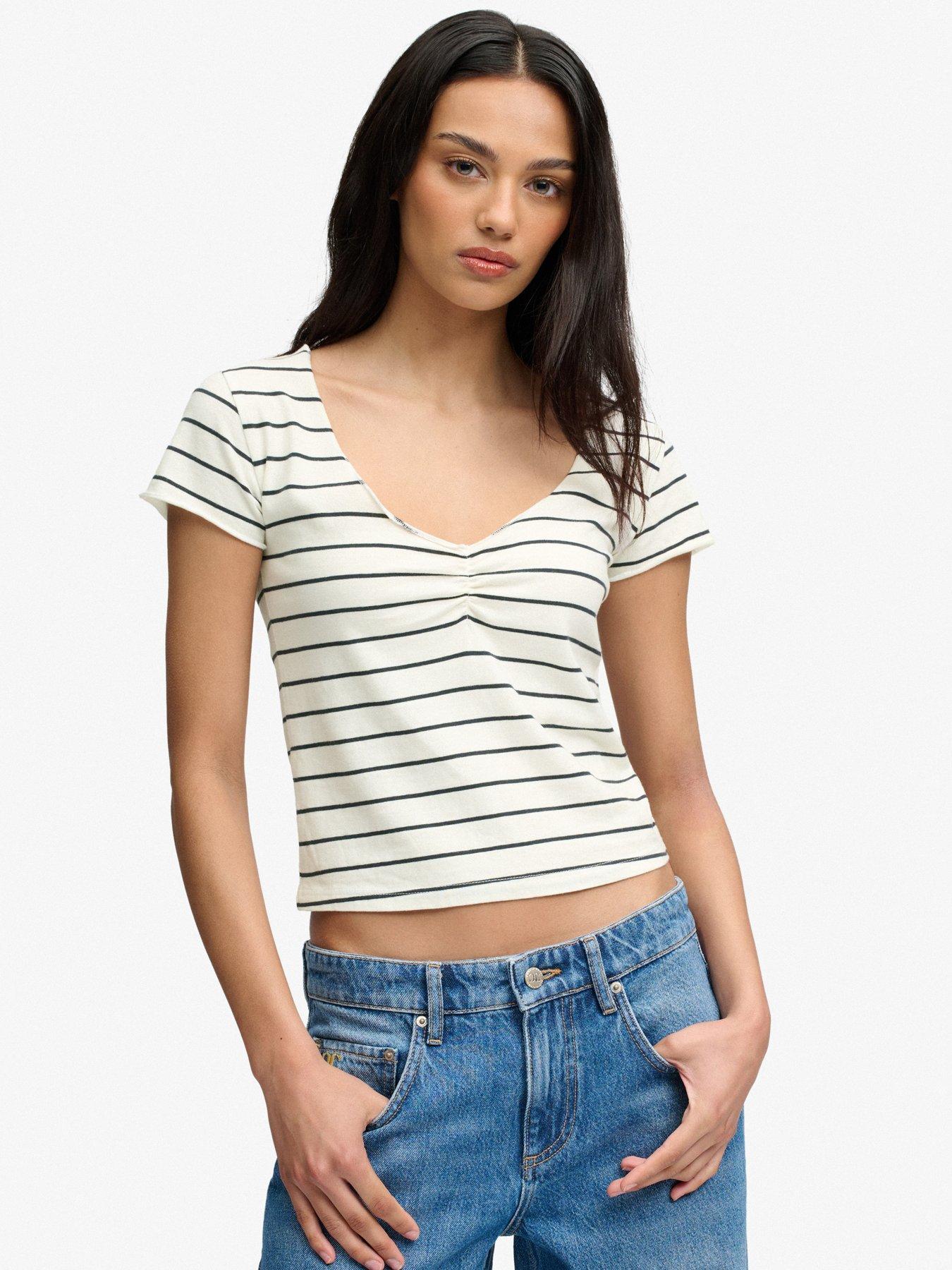 Superdry Athletic Essentials Gathered Stripe Pattern Top - White