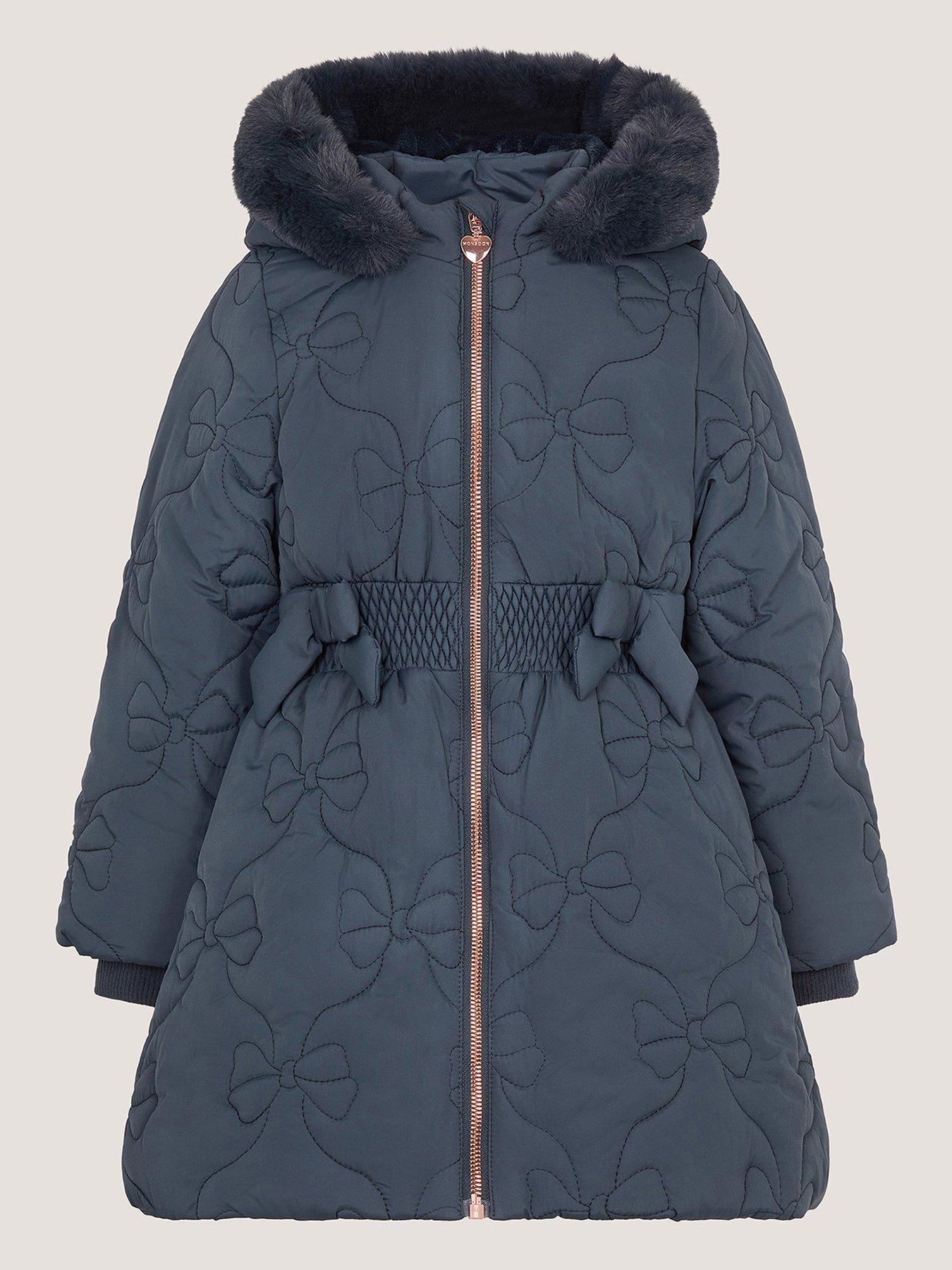 Image 2 of 4 of Monsoon Girls Padded Bonnie Bow Quilted Coat - Navy