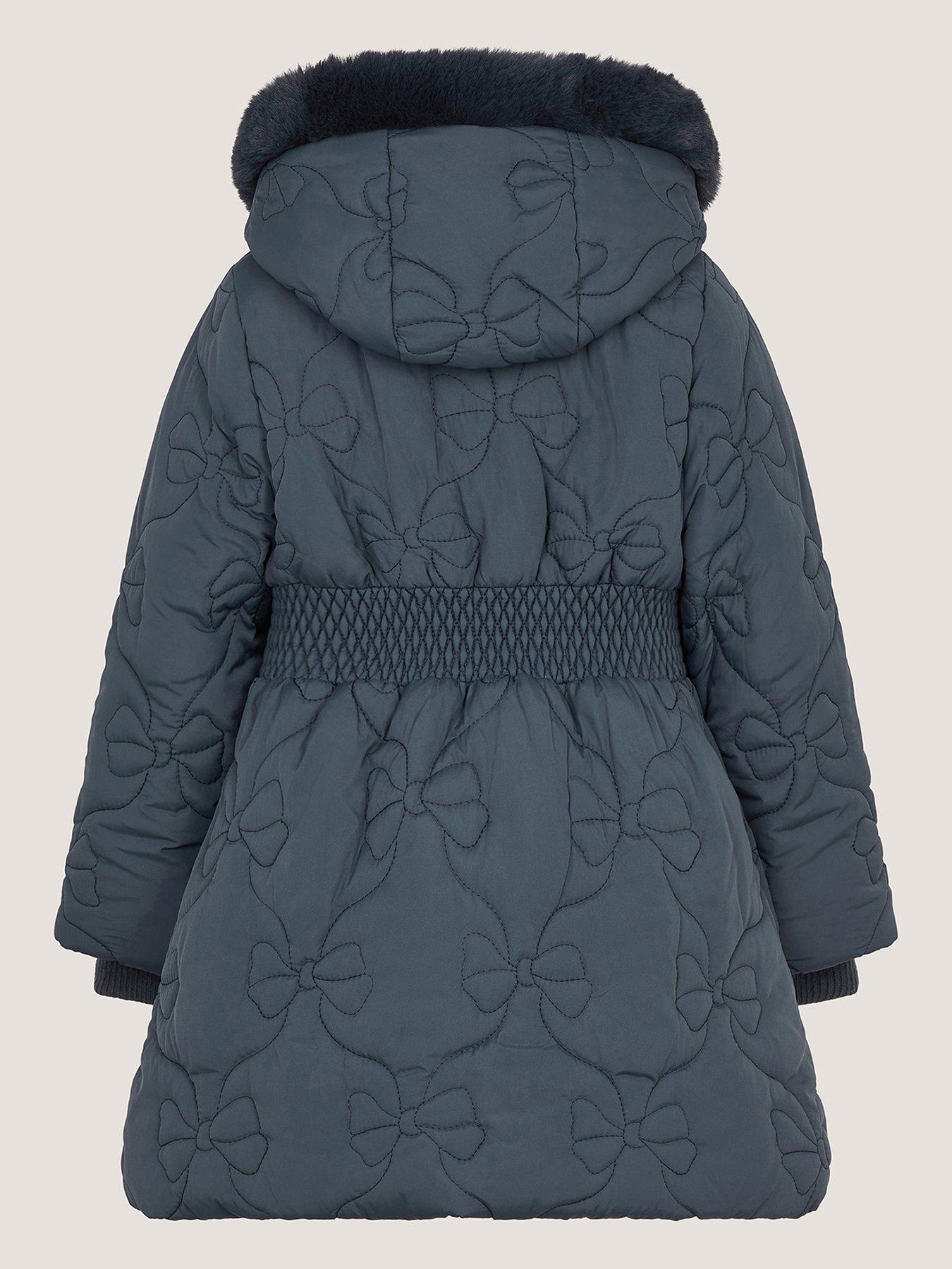 Image 3 of 4 of Monsoon Girls Padded Bonnie Bow Quilted Coat - Navy