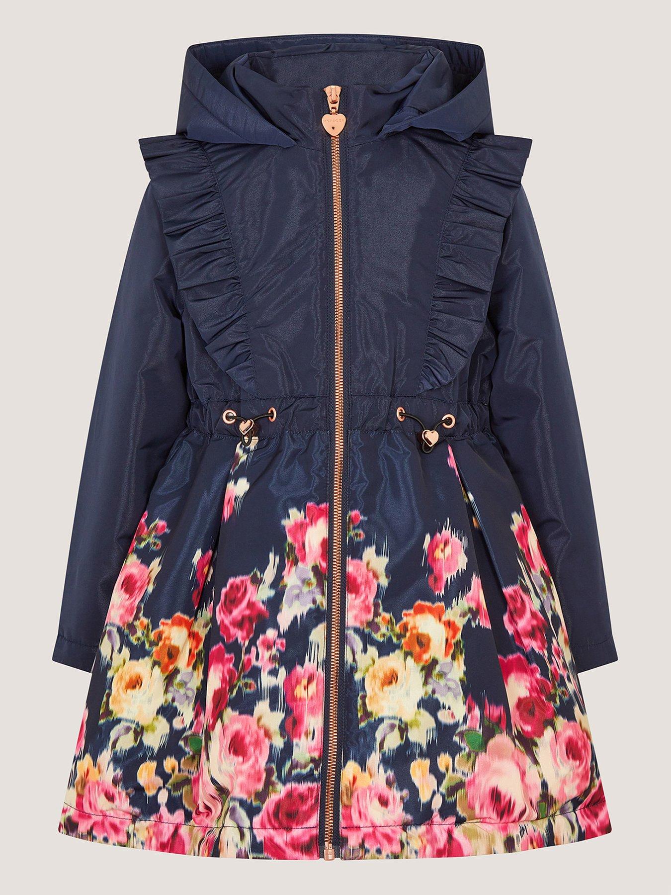 Monsoon Girls Blurry Roses Border Coat - Navy