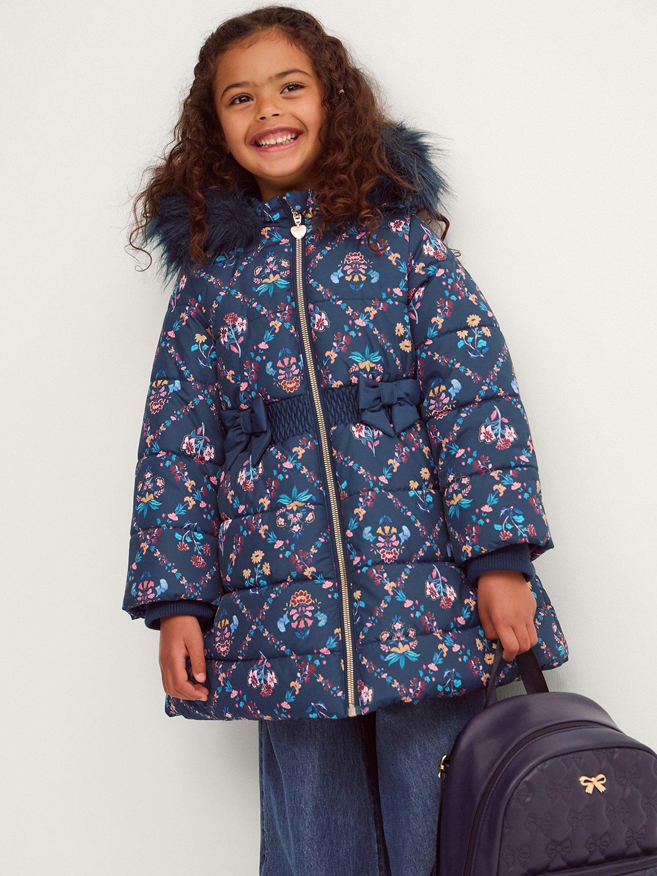 Monsoon Girl Padded Trellis Floral Coat - Navy