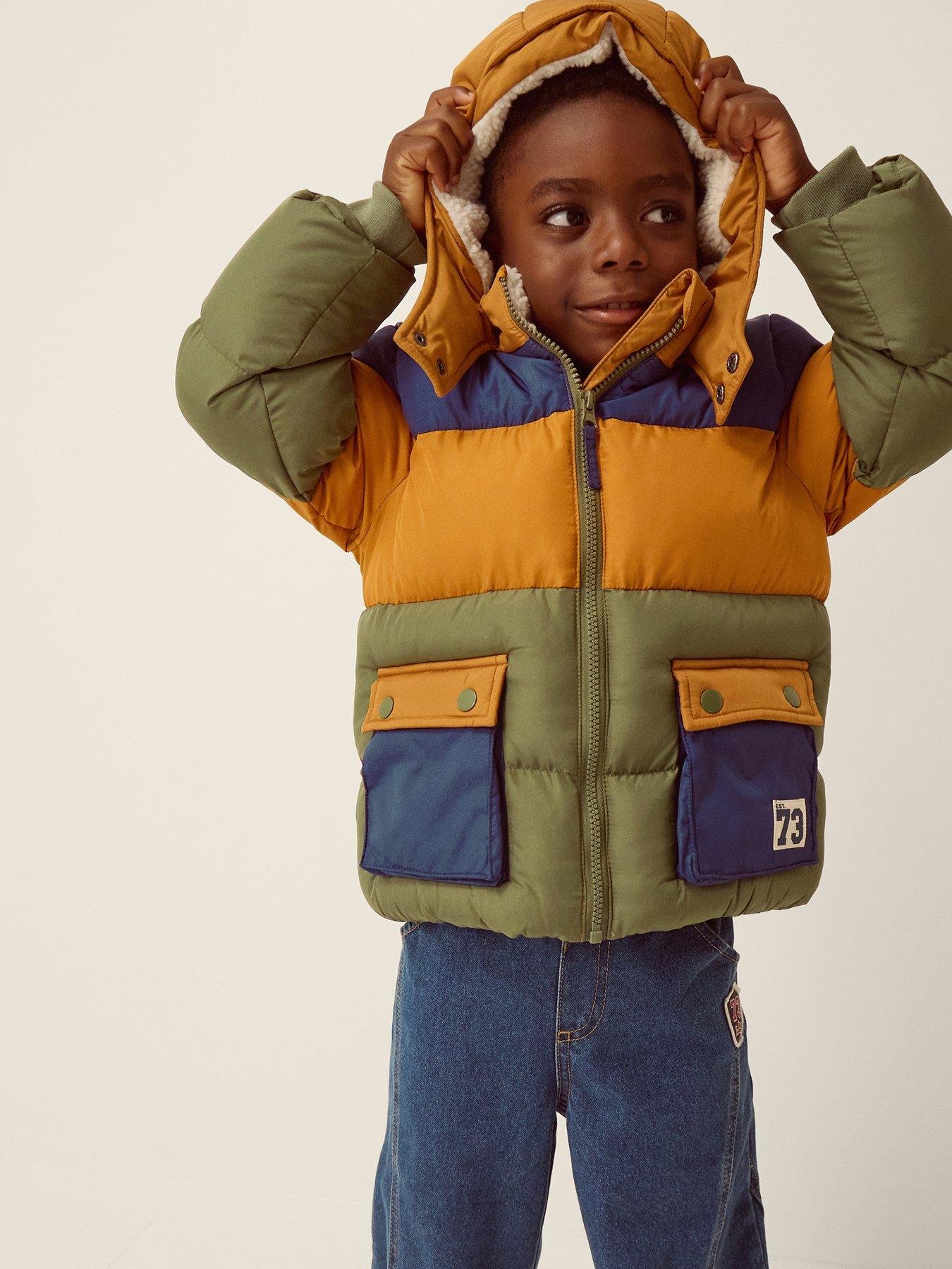 Monsoon Boys' Colour Block Puffer Coat with Hood and Utility Pockets - Multi