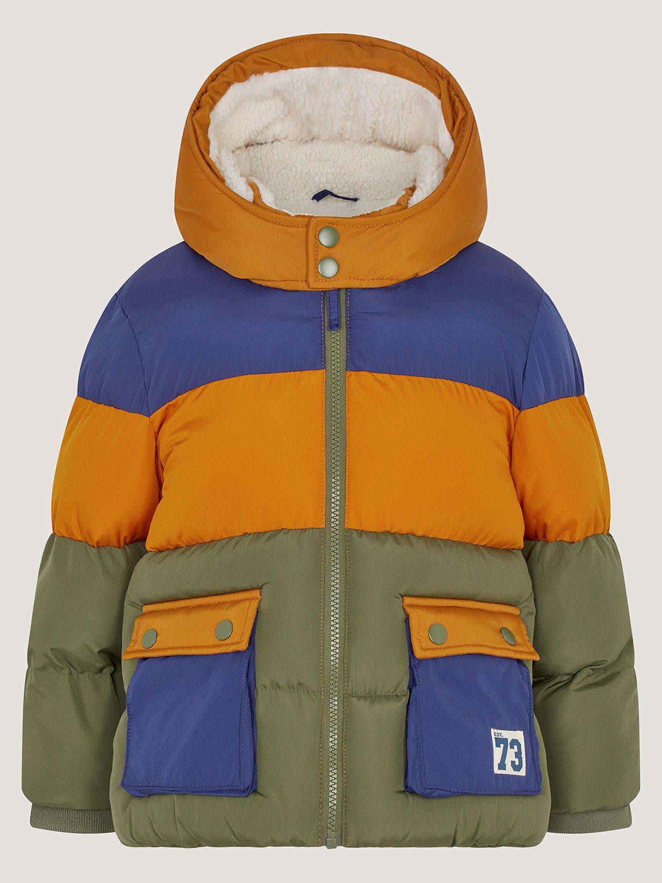 Monsoon Boys' Colour Block Puffer Coat with Hood and Utility Pockets - Multi