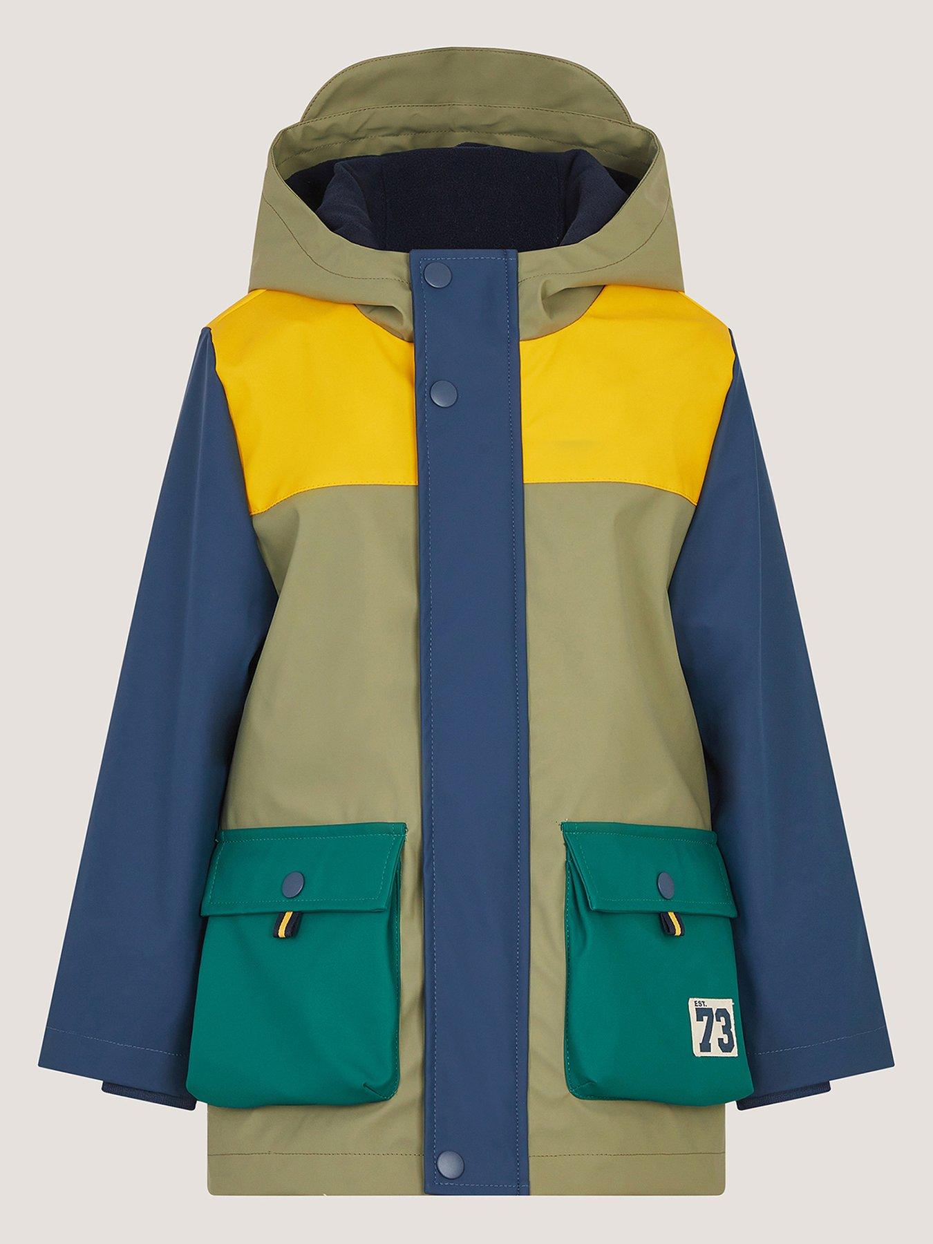 Monsoon Boys' Water-Resistant Colour Block Rain Jacket with Hood - Multi