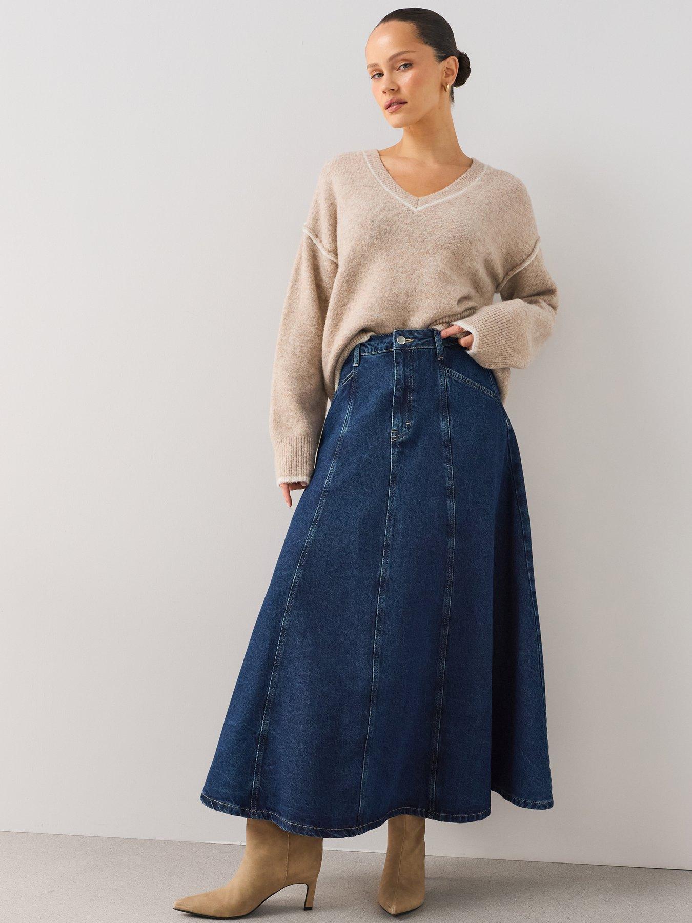 Image 1 of 7 of The Very Collection Seam Detail Denim Maxi Skirt - Mid Wash