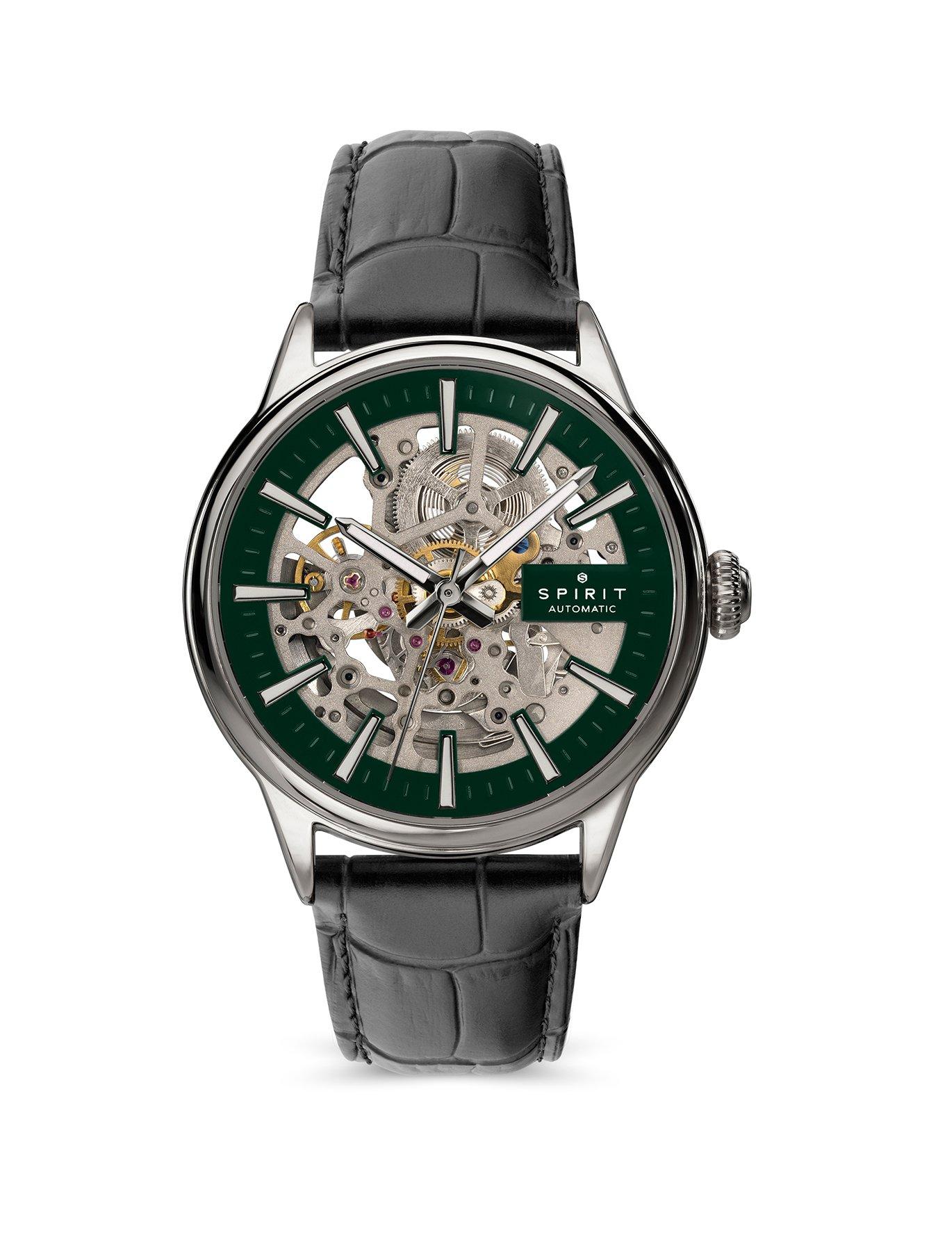 Spirit Spirit Gents Skeleton Automatic Silver Plated Black Leather Strap Watch