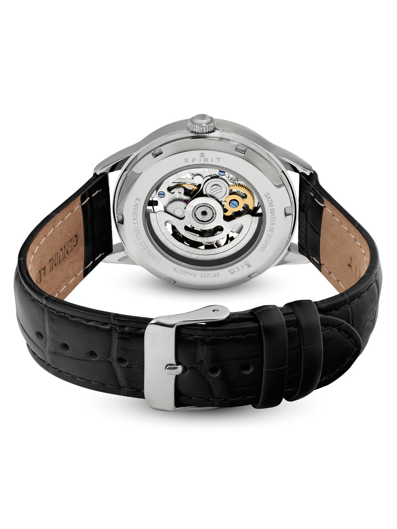 Image 3 of 7 of Spirit Gents Skeleton Automatic Silver Plated Black Leather Strap Watch