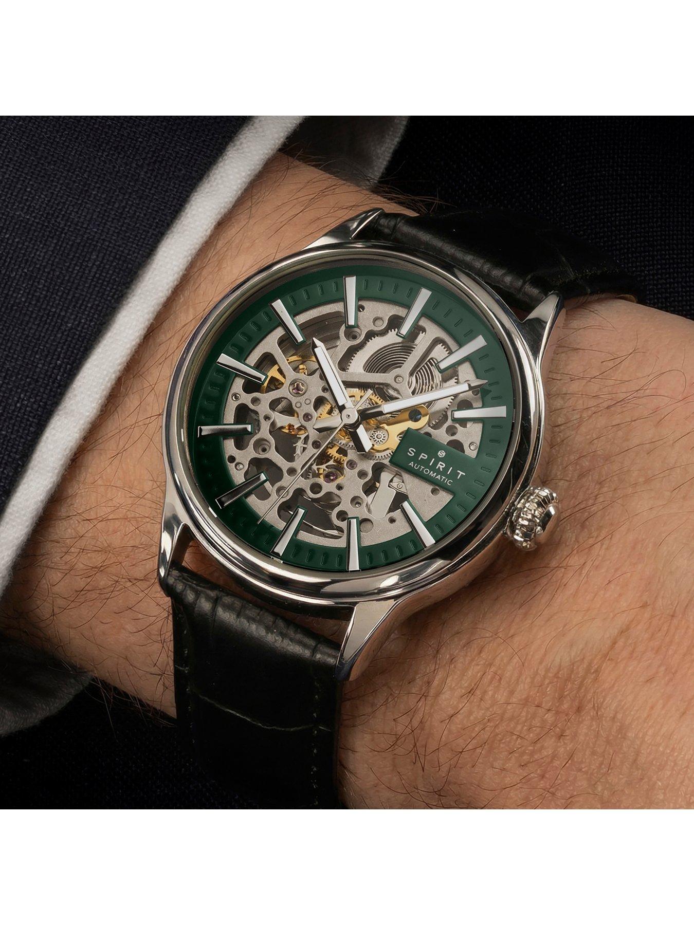 Image 4 of 7 of Spirit Gents Skeleton Automatic Silver Plated Black Leather Strap Watch