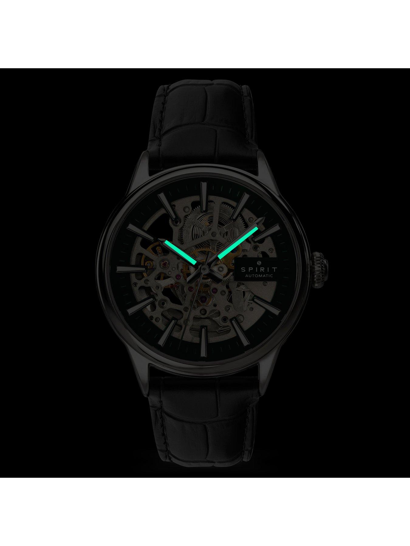 Image 5 of 7 of Spirit Gents Skeleton Automatic Silver Plated Black Leather Strap Watch