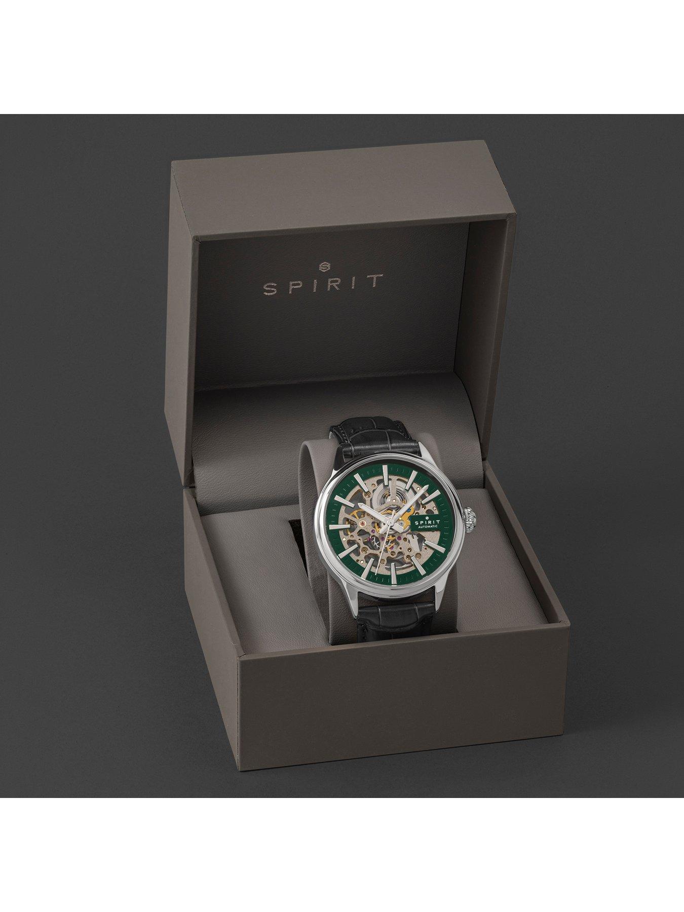 Image 6 of 7 of Spirit Gents Skeleton Automatic Silver Plated Black Leather Strap Watch