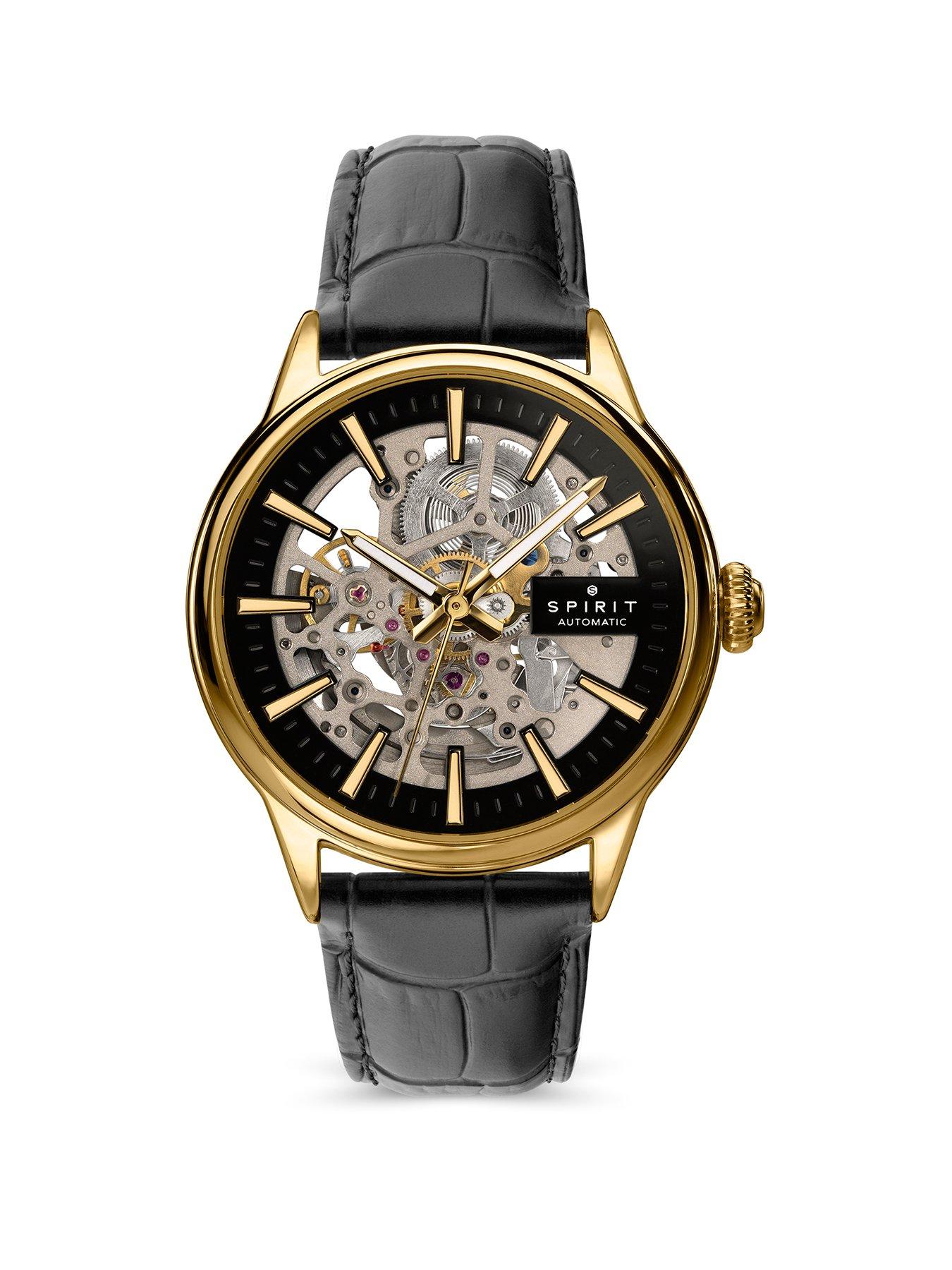 Spirit Spirit Gents Skeleton Automatic Gold Plated Black Leather Strap Watch
