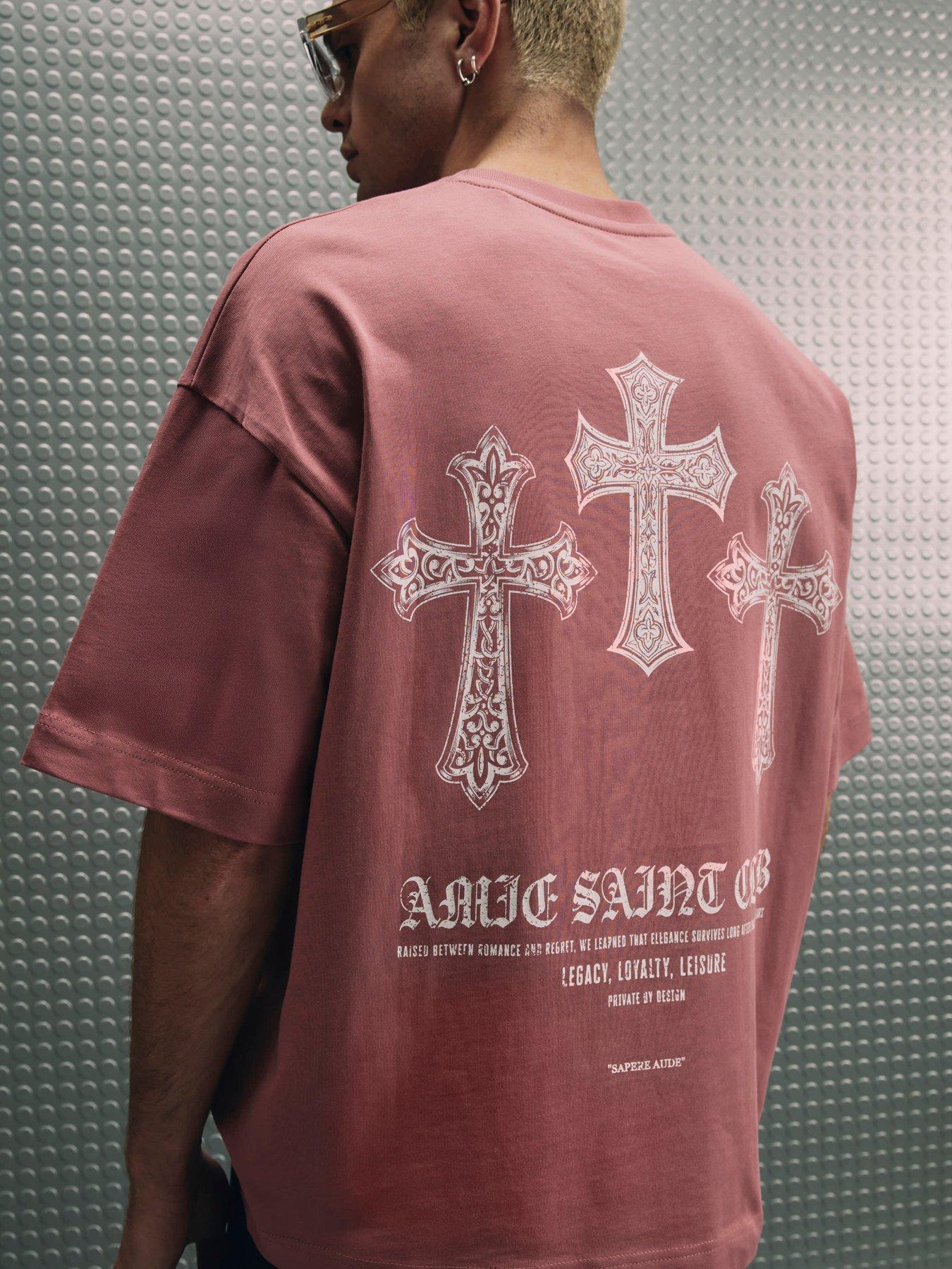 Image 1 of 6 of River Island Cotton Ame Saint Cross T-Shirt - Pink
