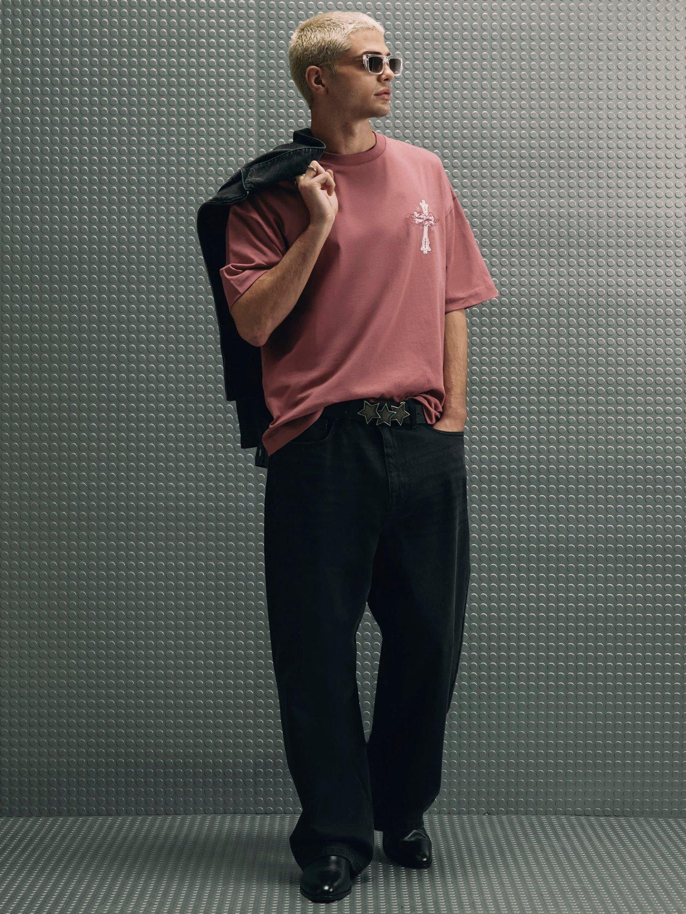 Image 4 of 6 of River Island Cotton Ame Saint Cross T-Shirt - Pink