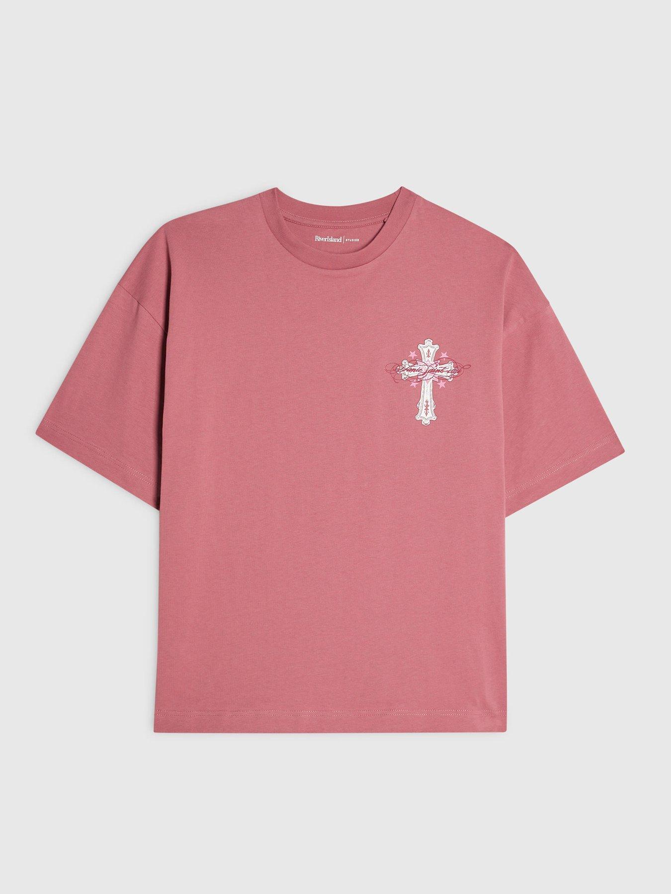 Image 5 of 6 of River Island Cotton Ame Saint Cross T-Shirt - Pink