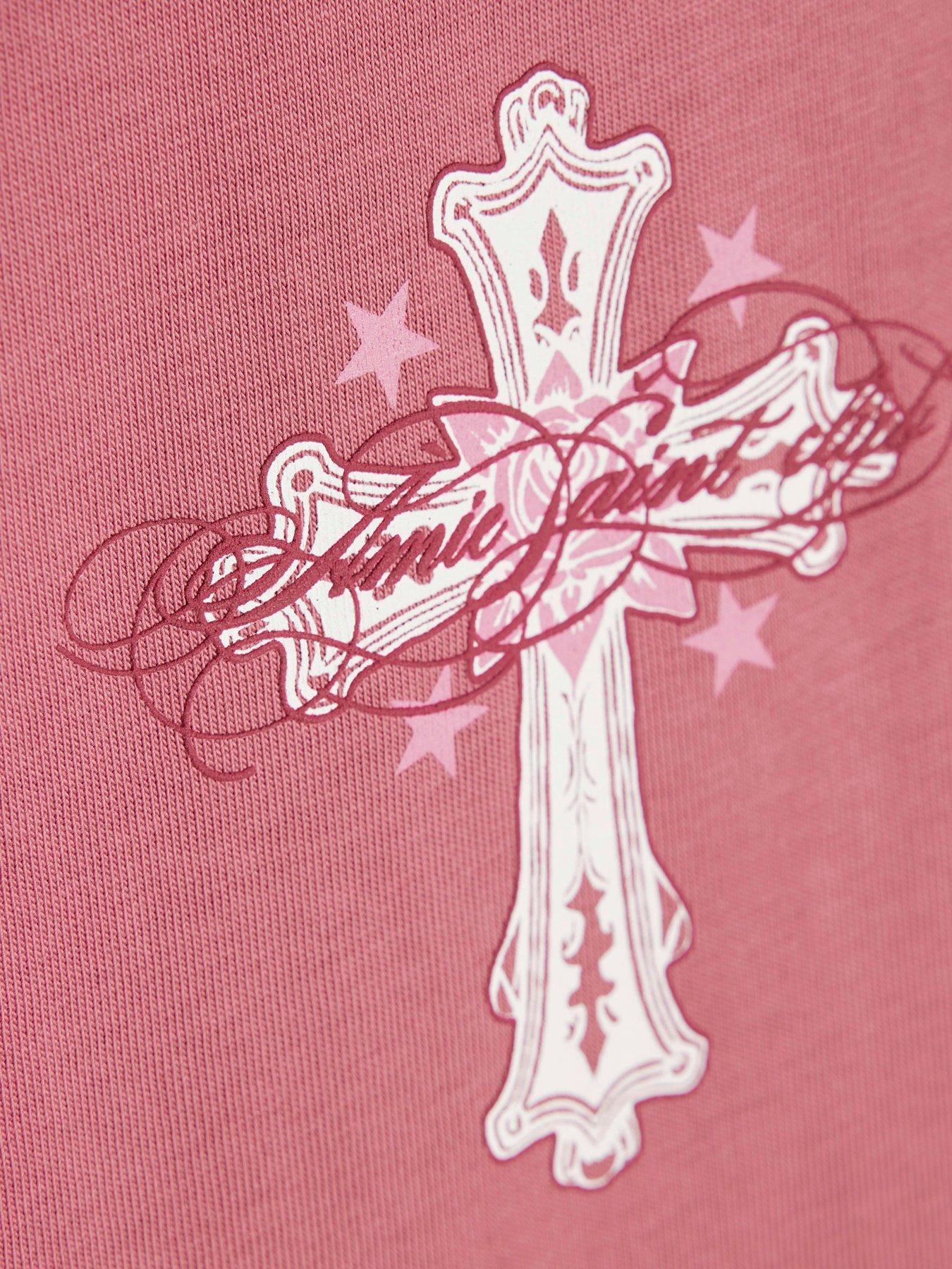 Image 6 of 6 of River Island Cotton Ame Saint Cross T-Shirt - Pink