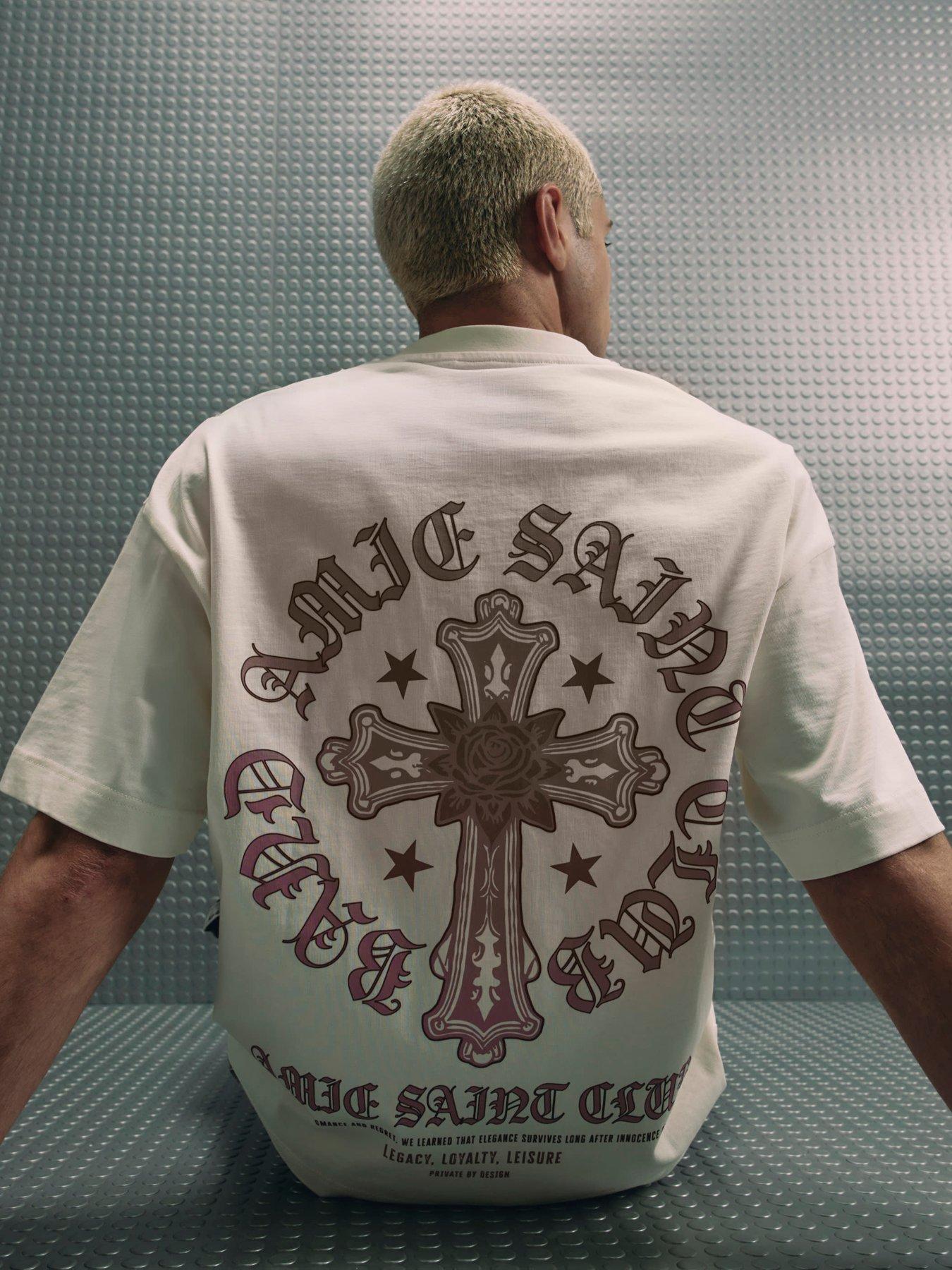 Image 1 of 6 of River Island Cotton Ame Saint Cross T-Shirt - Cream