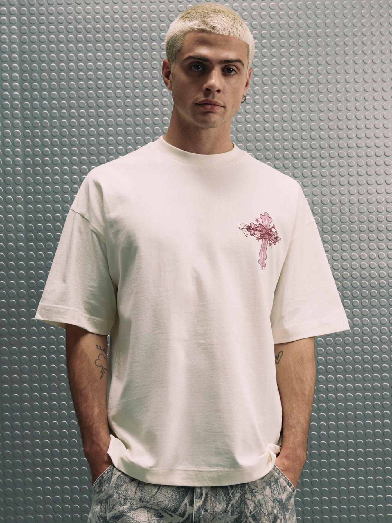 Image 2 of 6 of River Island Cotton Ame Saint Cross T-Shirt - Cream