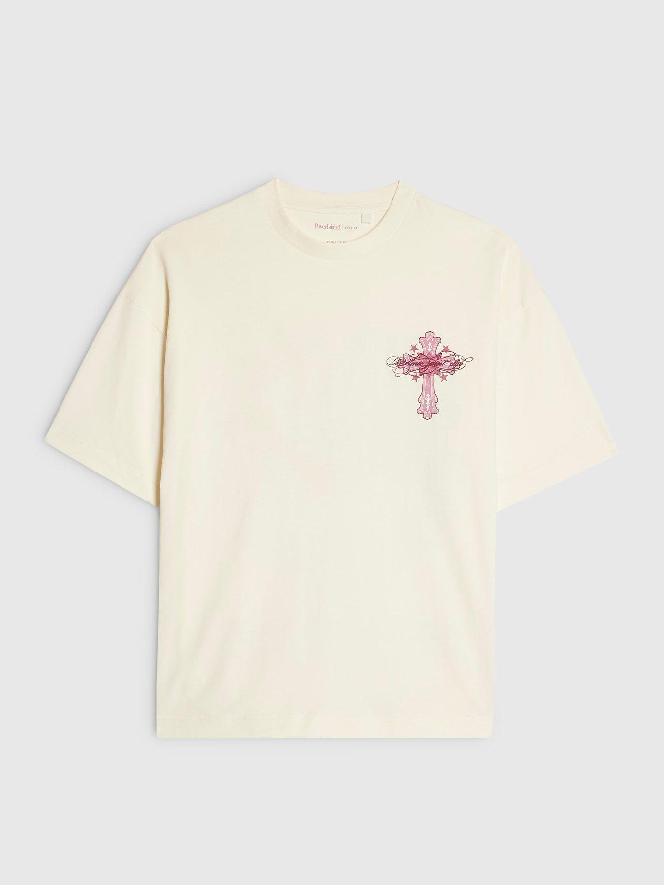Image 5 of 6 of River Island Cotton Ame Saint Cross T-Shirt - Cream