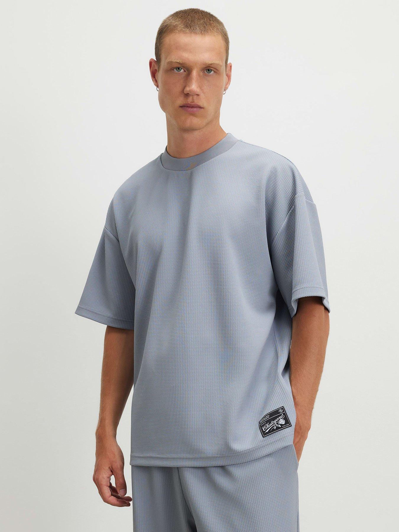 Image 1 of 6 of River Island Oversized Fit Waffle Textured T-Shirt - Blue