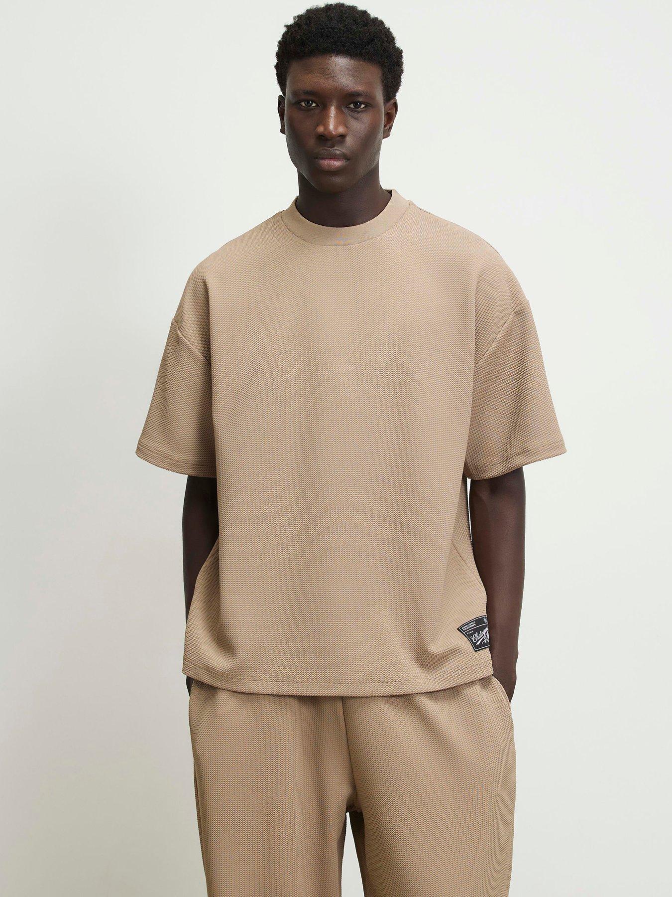 Image 1 of 6 of River Island Oversized Fit Waffle Textured T-Shirt - Beige