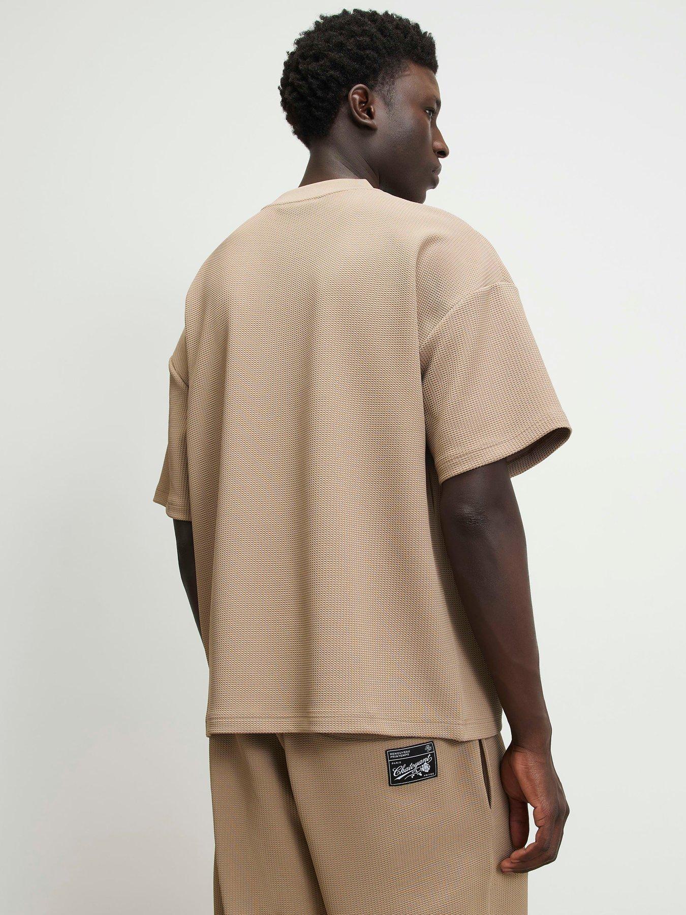 Image 2 of 6 of River Island Oversized Fit Waffle Textured T-Shirt - Beige