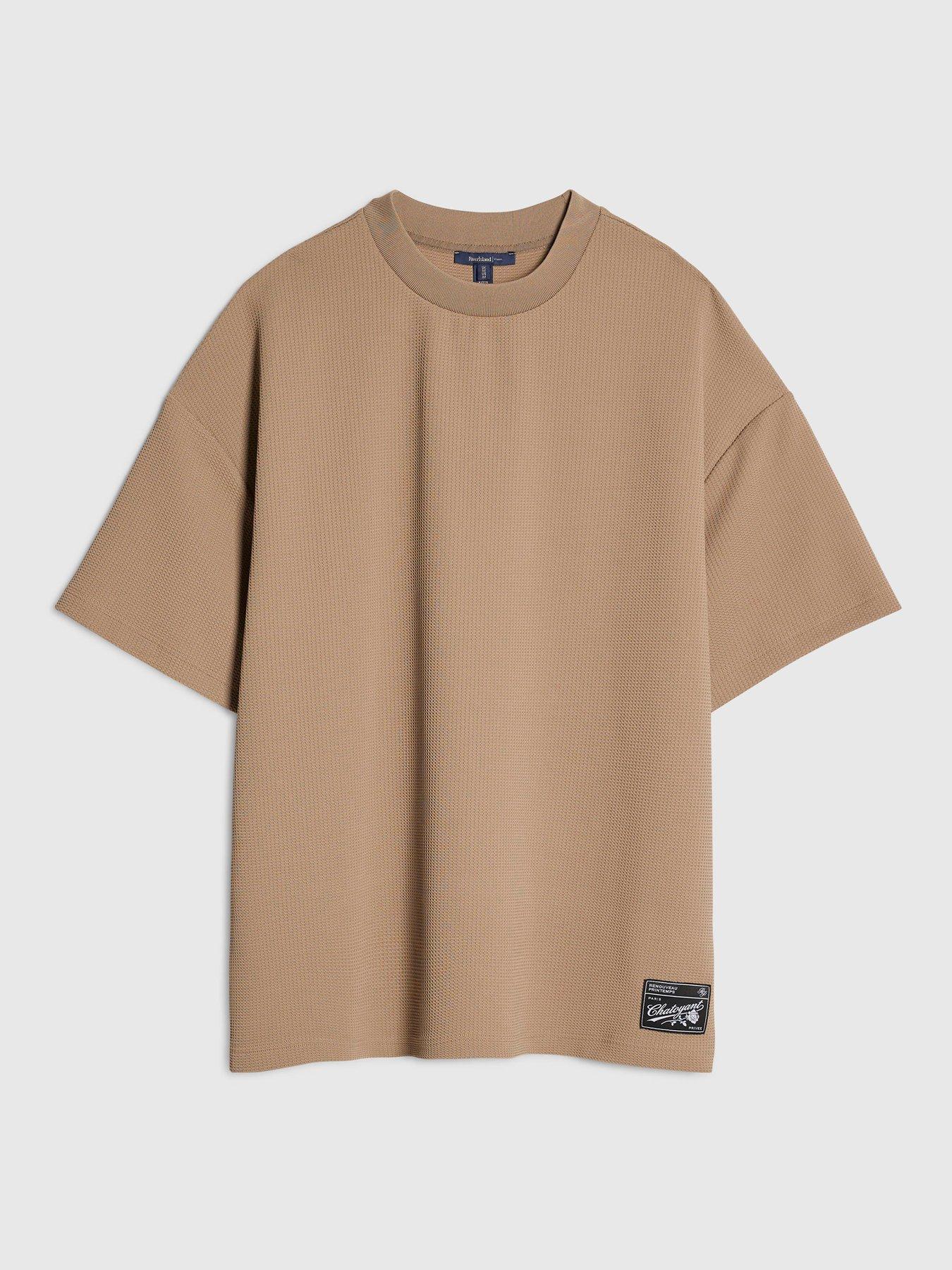 Image 5 of 6 of River Island Oversized Fit Waffle Textured T-Shirt - Beige