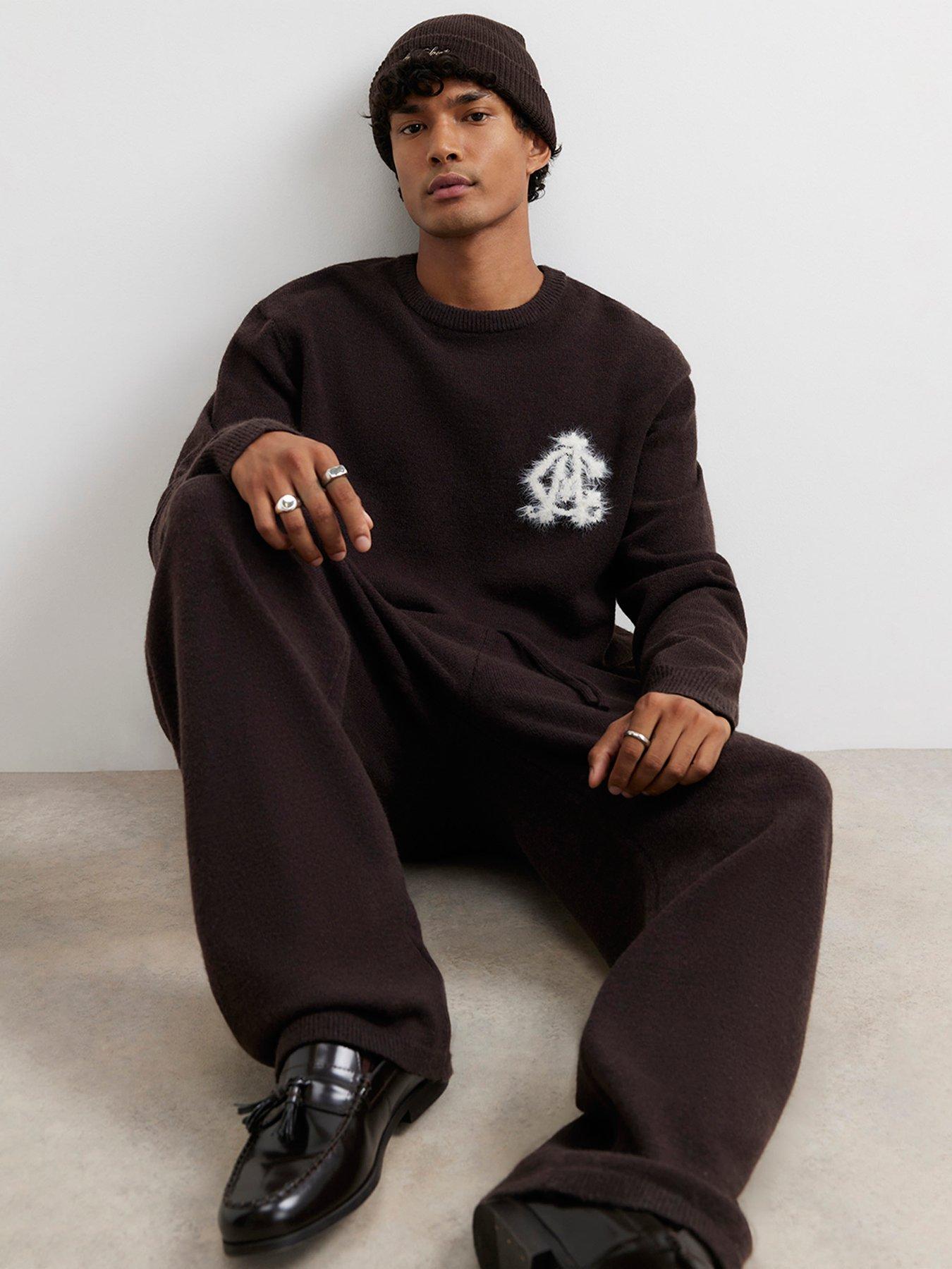 Image 2 of 6 of River Island Cosy Monogram Crew Neck Jumper - Brown