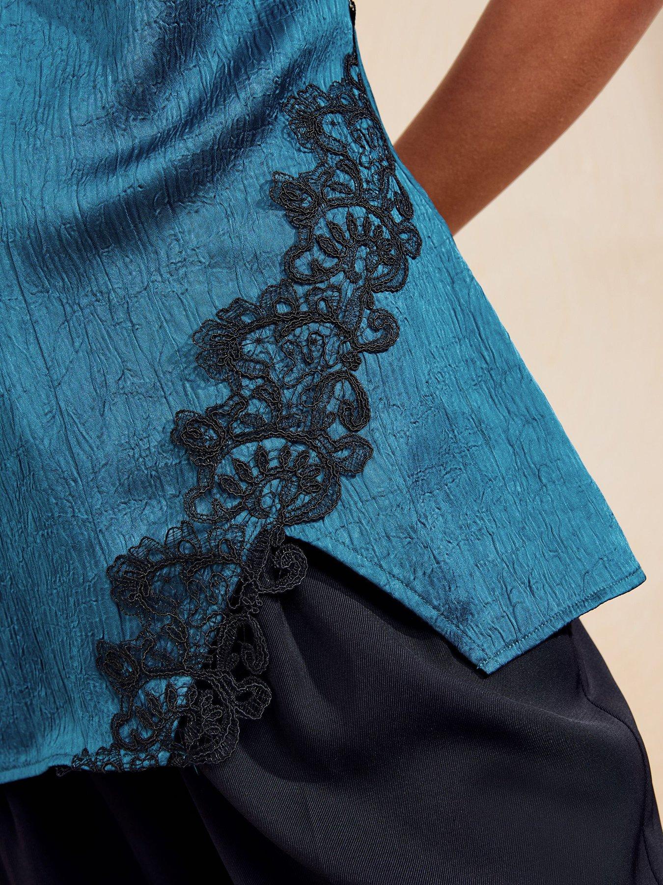 Image 4 of 6 of Friends Like These Teal Blue V-neck Satin Lace Trim Vest