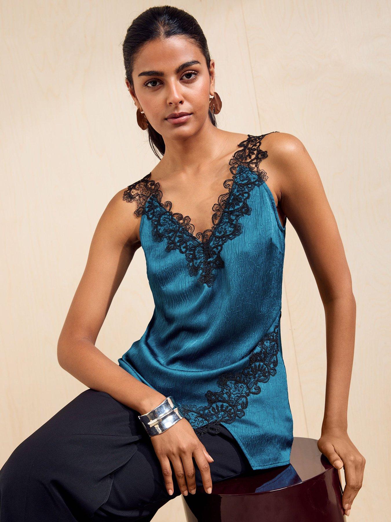 Image 6 of 6 of Friends Like These Teal Blue V-neck Satin Lace Trim Vest