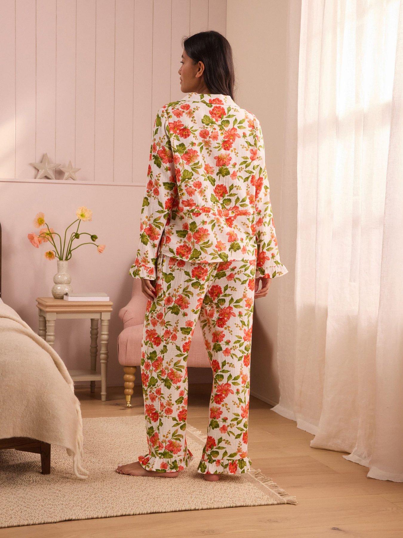 Image 2 of 7 of Laura Ashley Romilly Ruffle Button Through Pyjamas - Orange