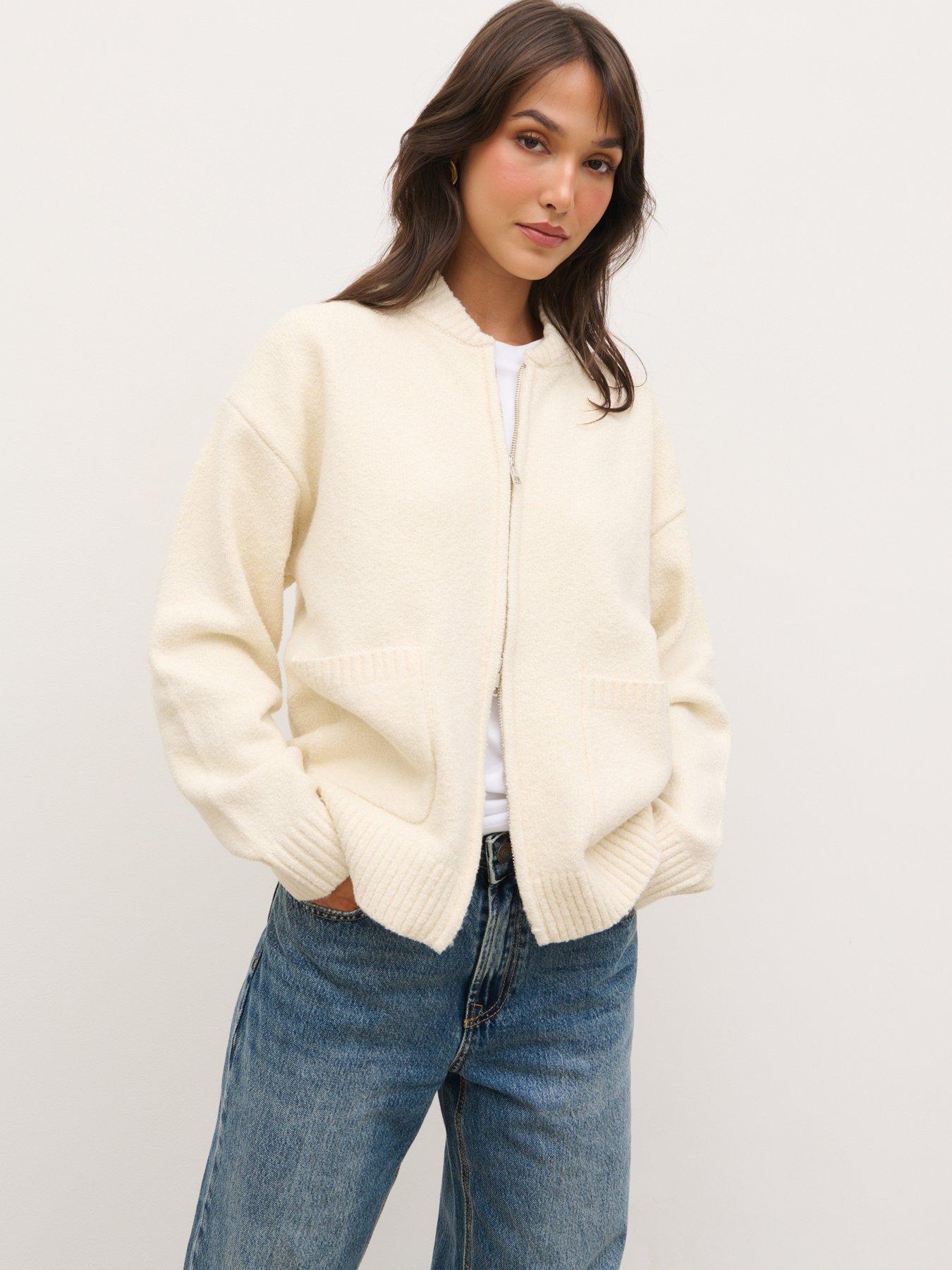 Image 1 of 4 of Pretty Lavish Womens Bomber Zip Through Cardigan - Cream