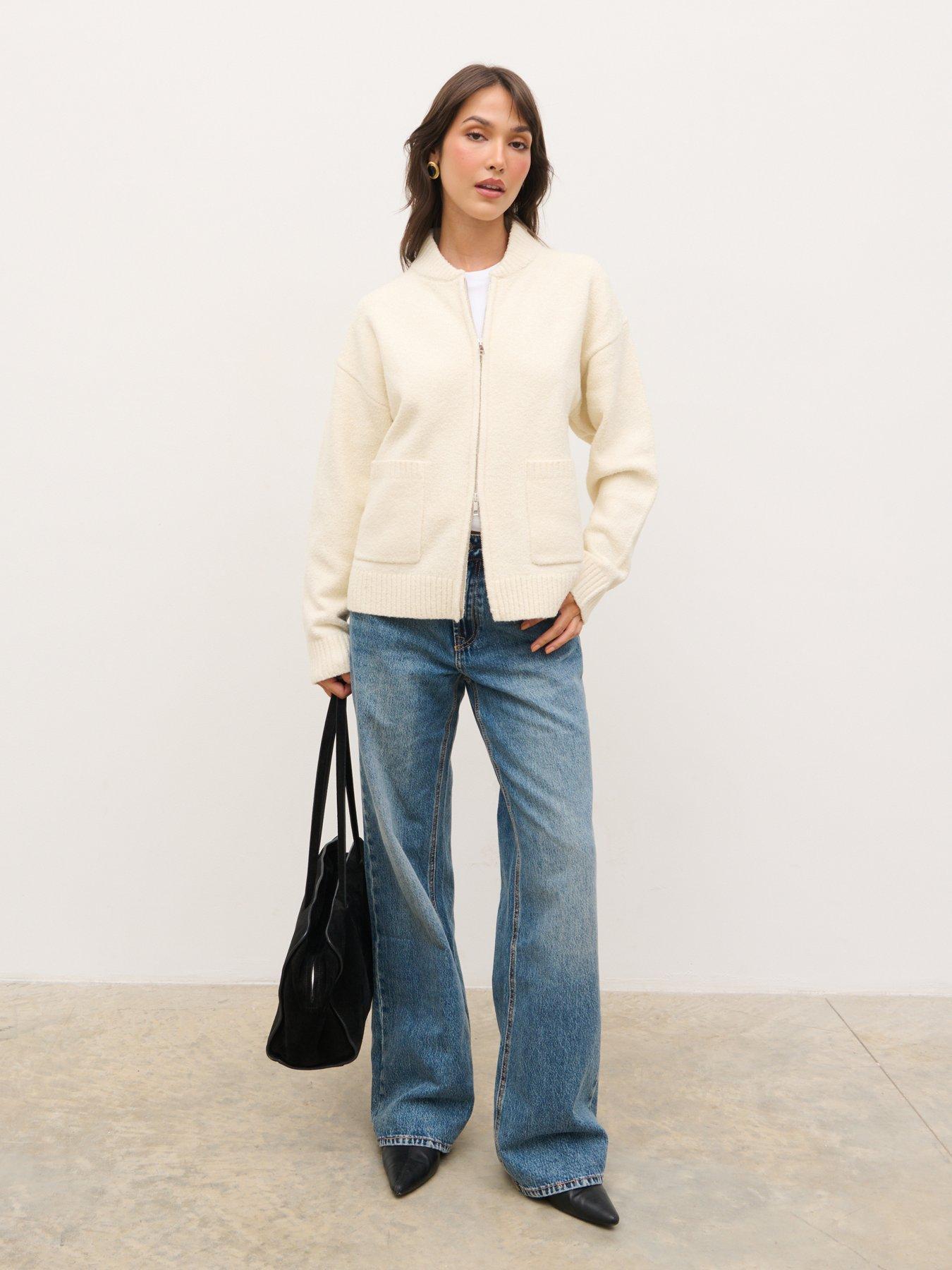 Image 3 of 4 of Pretty Lavish Womens Bomber Zip Through Cardigan - Cream