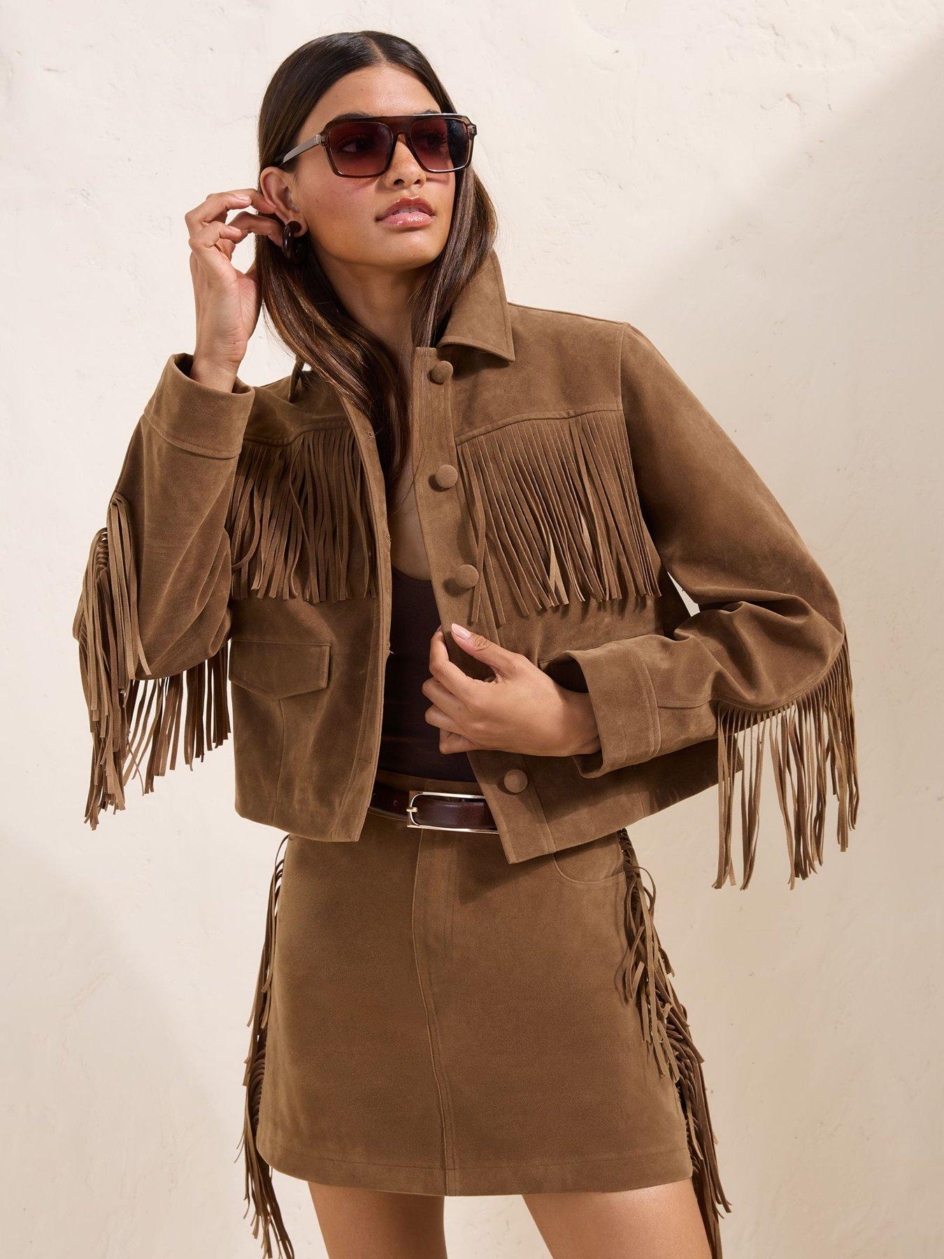 Friends Like These Tan Brown Fringe Faux Suede Jacket