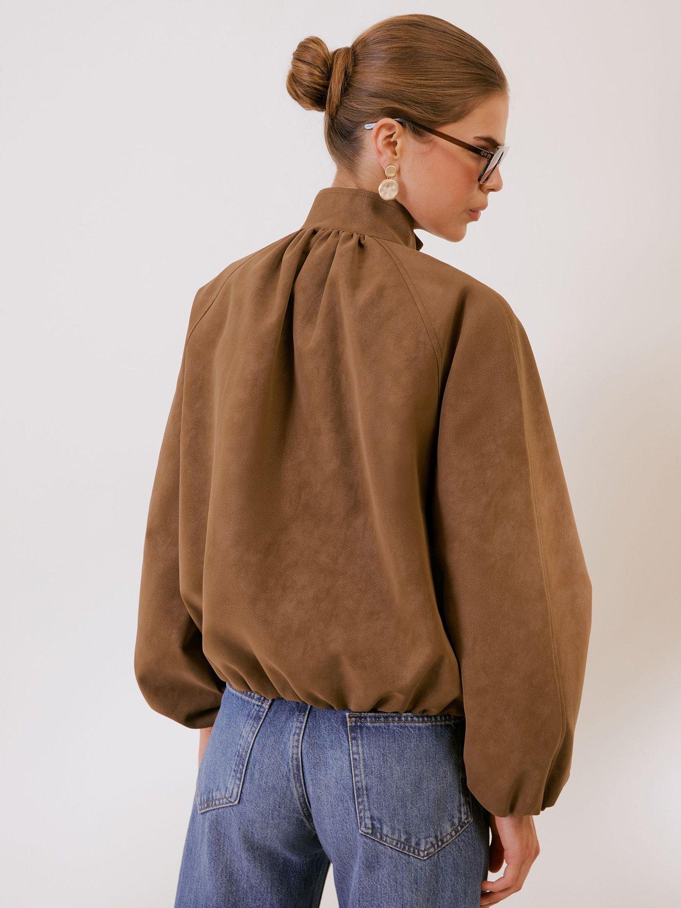 Image 2 of 4 of Friends Like These Espresso Brown Bubble Hem Funnel Neck Jacket