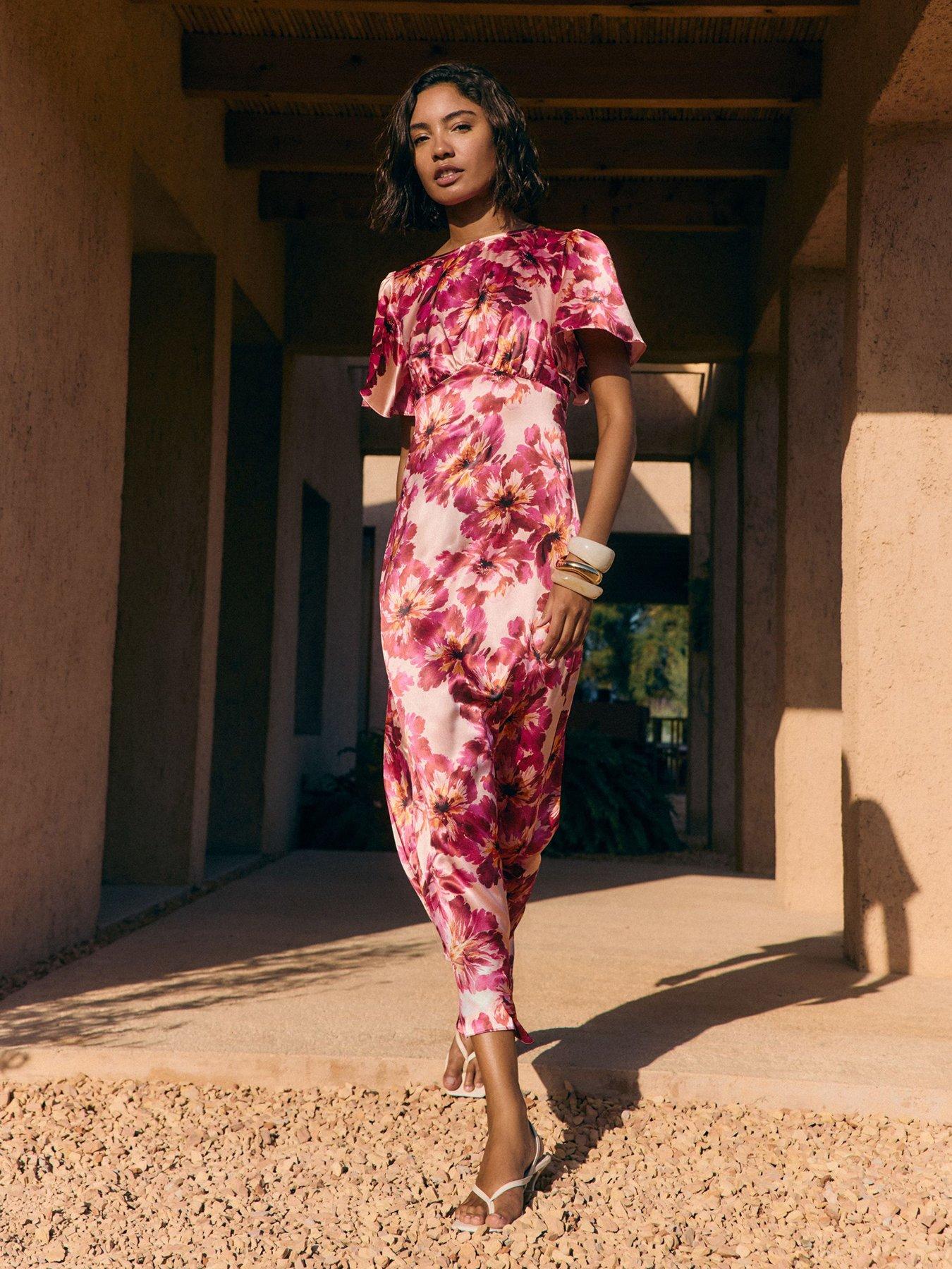 Friends Like These Berry Pink Blurred Floral Ruffle Sleeve Midi Dress