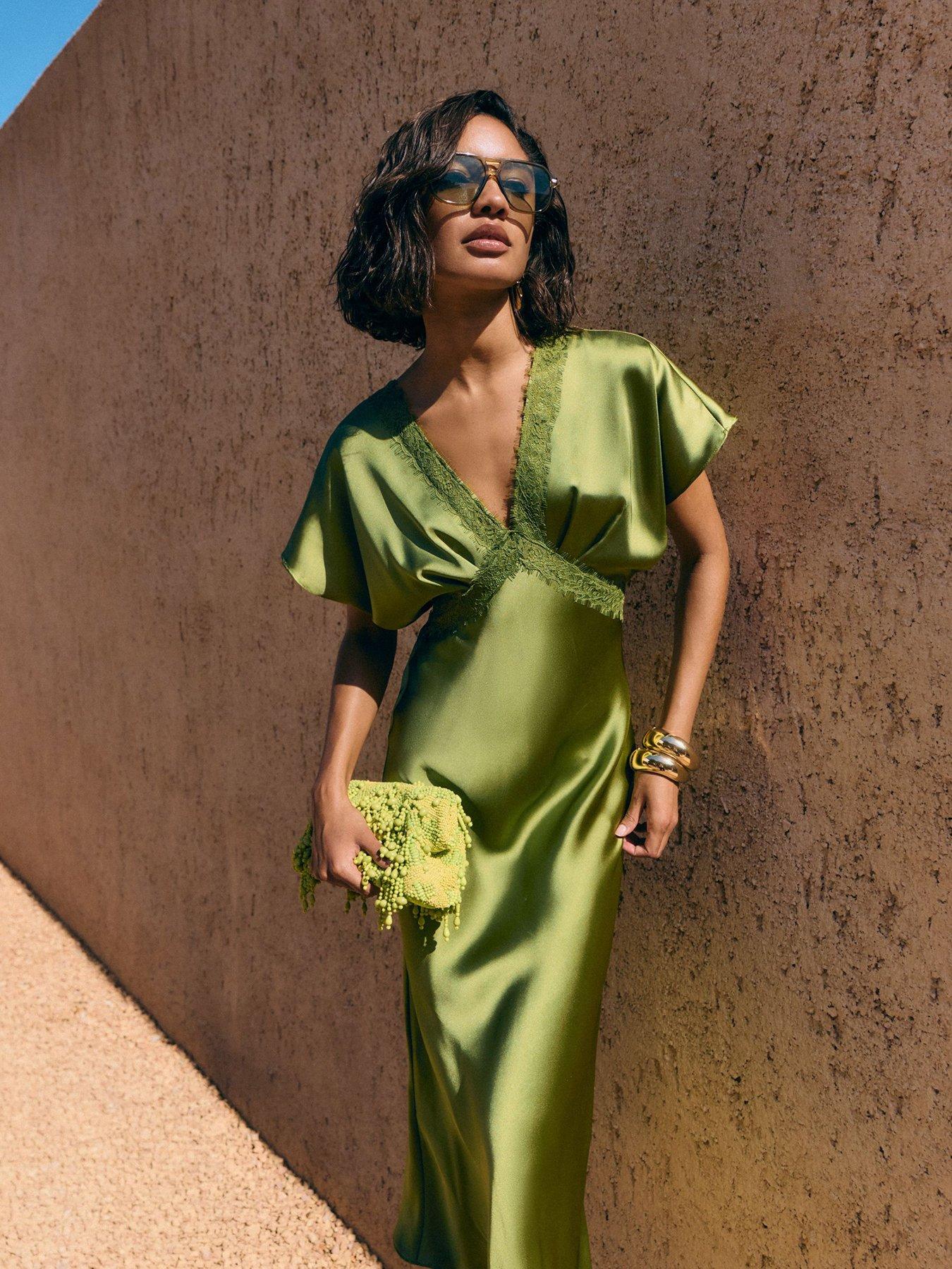 Friends Like These Olive Green Satin Lace Trim Batwing Midi Dress