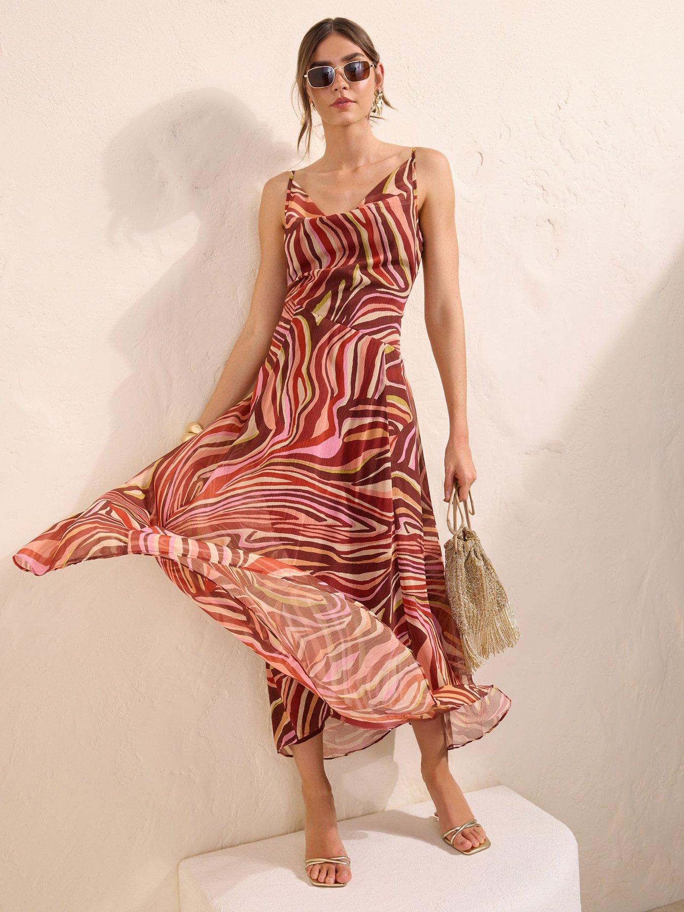 Friends Like These Brown/pink Chiffon Cowl Neck Printed Midi Dress
