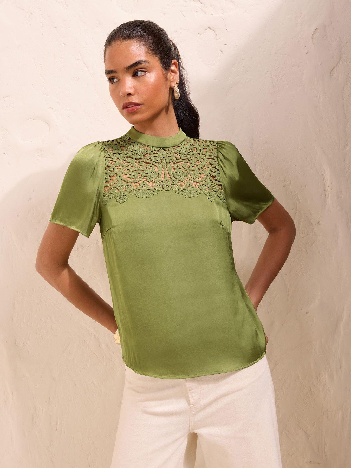 Friends Like These Olive Green Short Sleeve Lace Yoke Detail Blouse