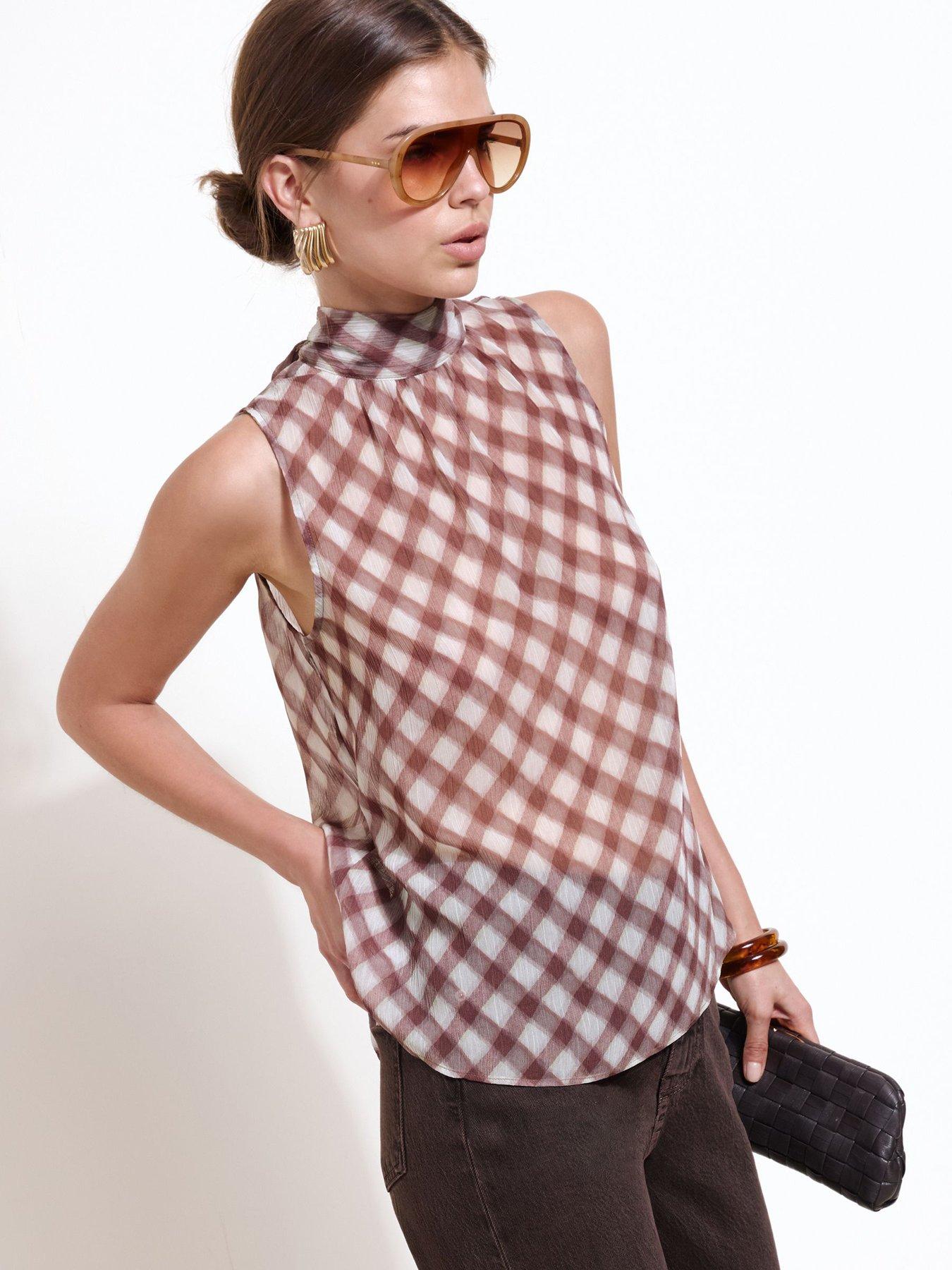 Friends Like These Check Print Sheer High Neck Tie Detail Blouse