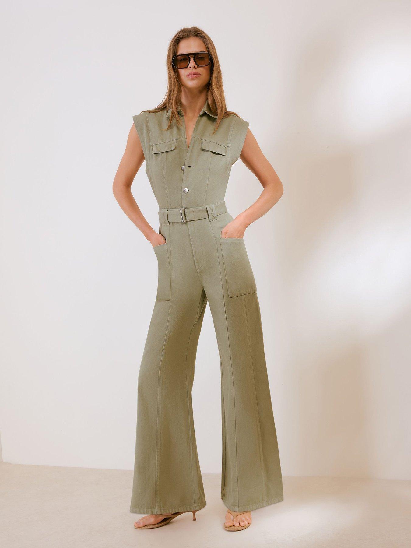 Friends Like These Olive Green Sleeveless Belted Denim Utility Jumpsuit