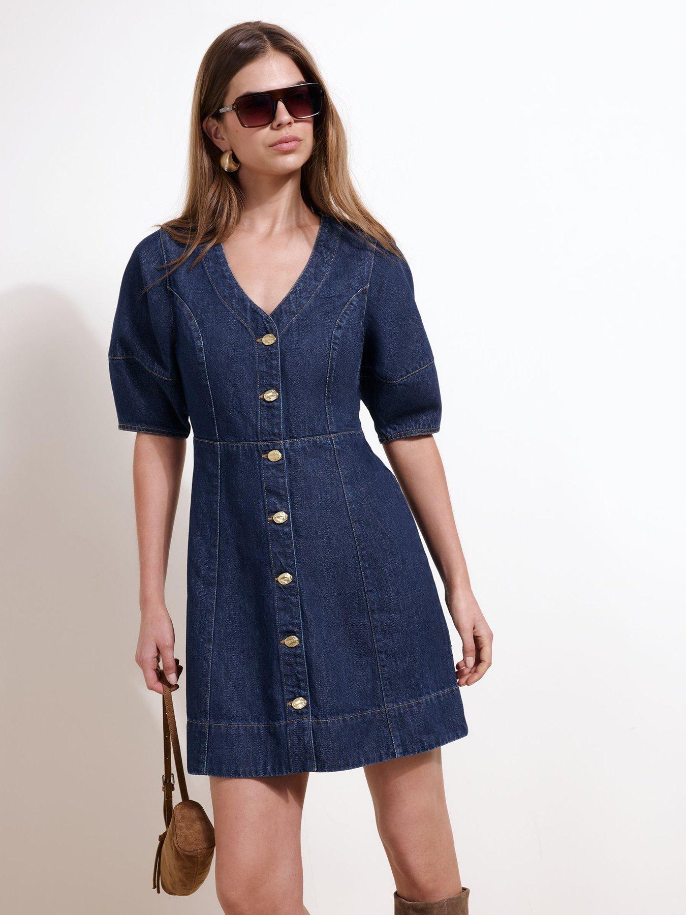 Friends Like These Dark Wash V-neck Short Sleeve Button Through Denim Mini Dress