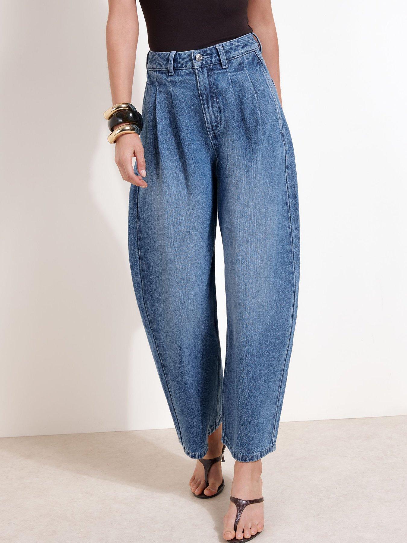 Image 1 of 5 of Friends Like These Mid Wash High Waisted Pleated Wide Leg Barrel Denim Jeans
